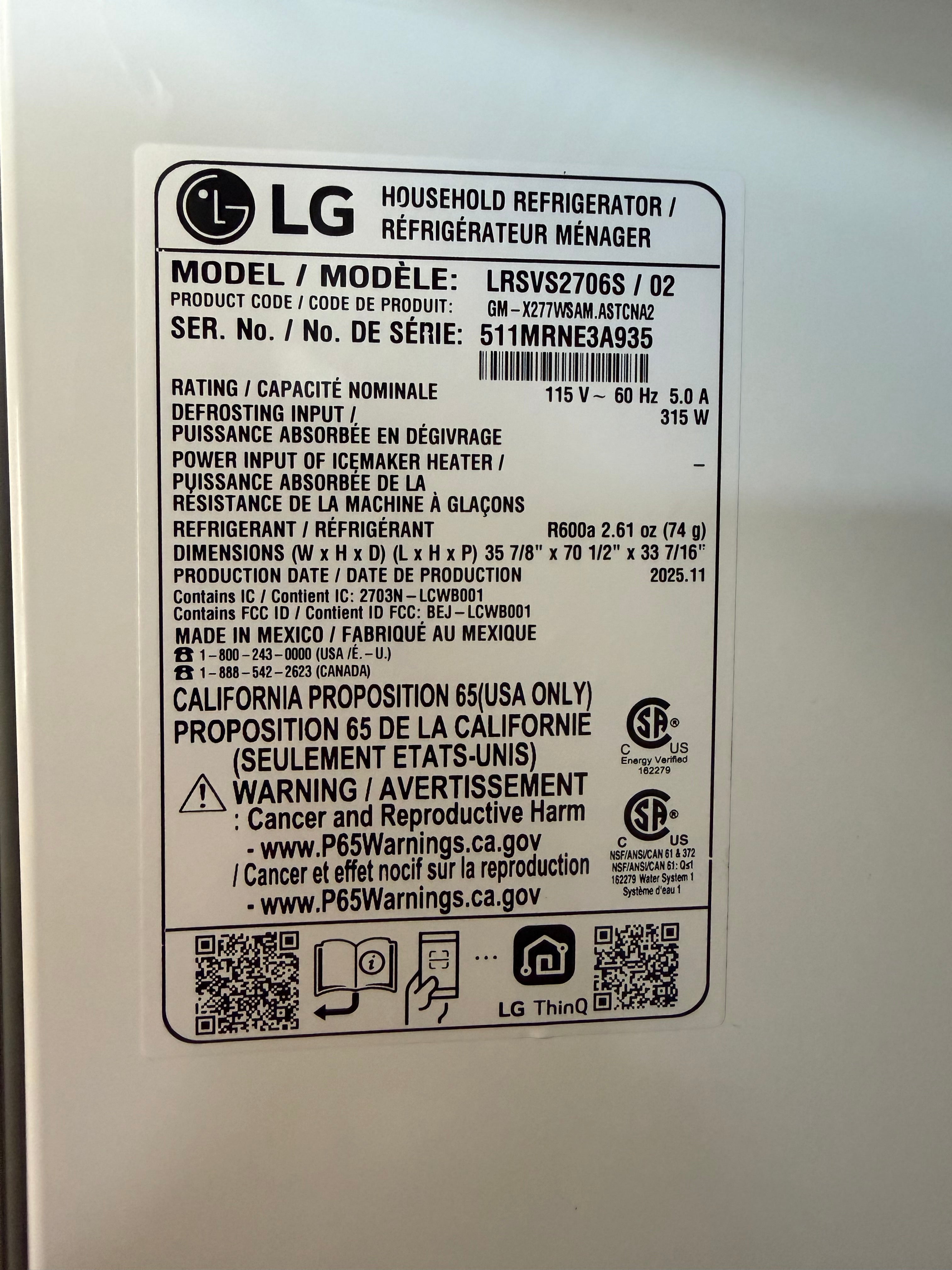 LG 36" 27.1 Cu. Ft. PrintProof™ Stainless Steel Side-by-Side Refrigerator with Craft Ice™