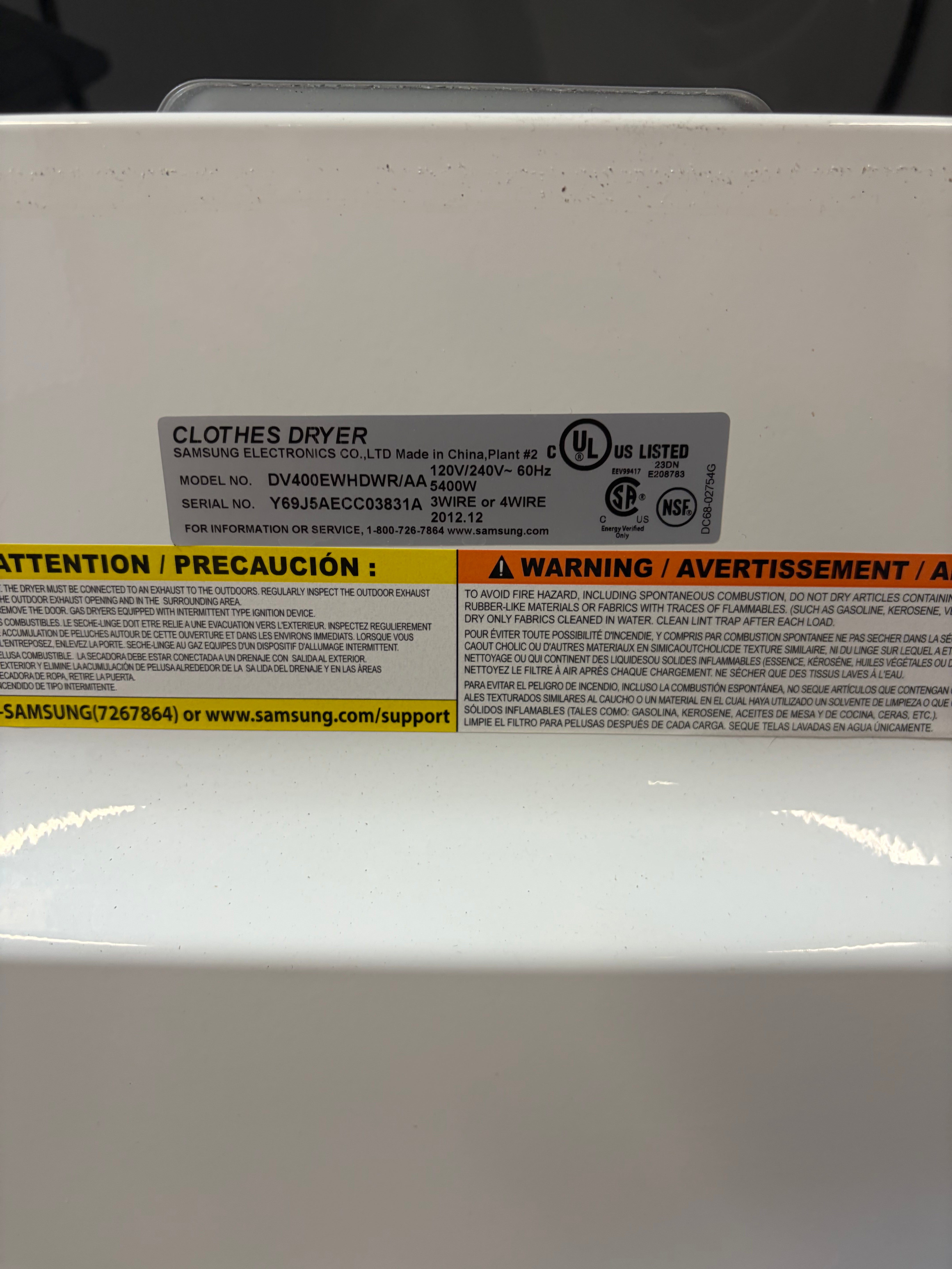 Samsung White Moisture Sensor Dryer