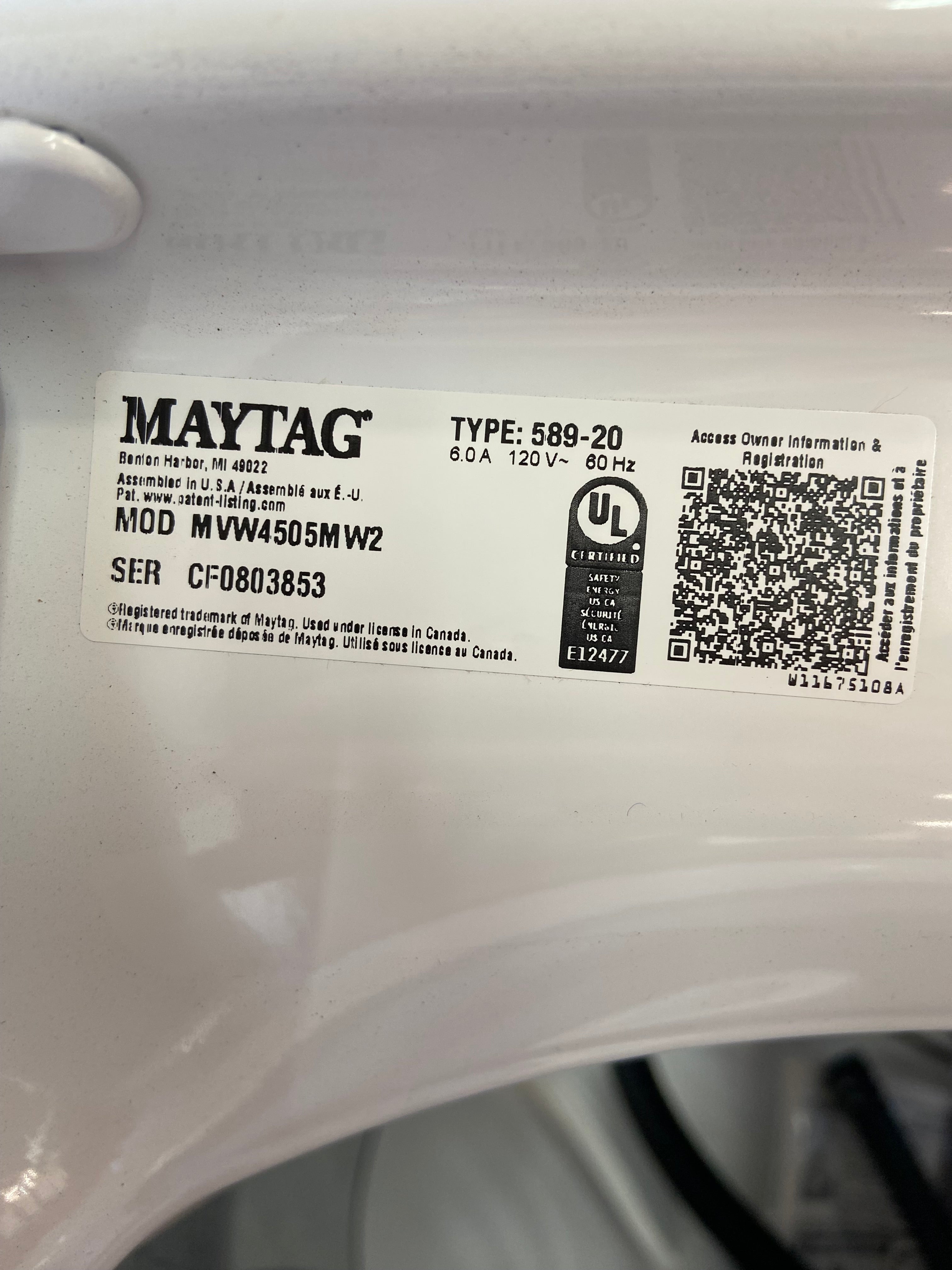 Maytag MVW4505MW2 4.5 Cu. Ft. Top Load Washer with Power™ Agitator (White)