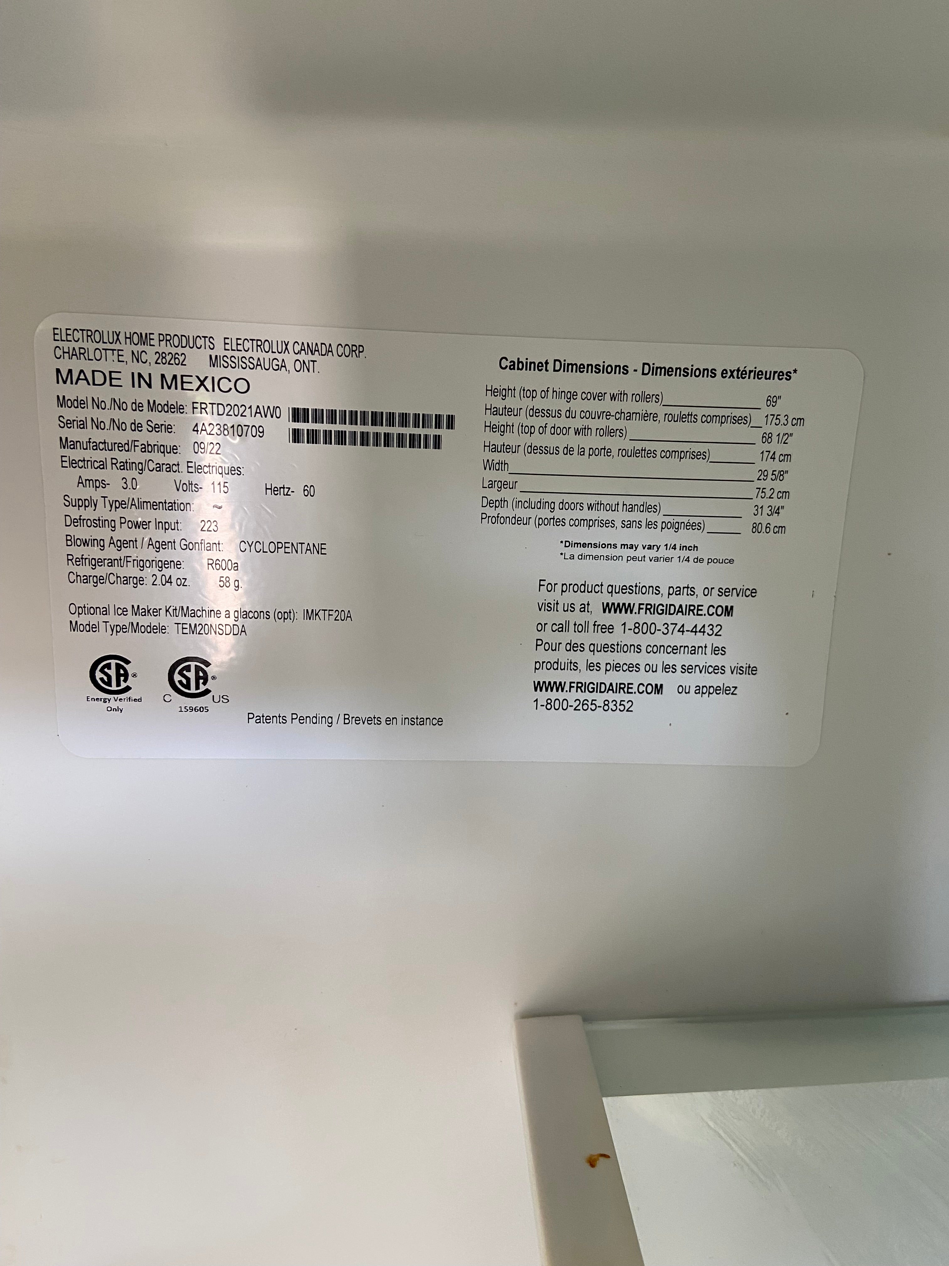 White Frigidaire Refrigerator With Ice Maker