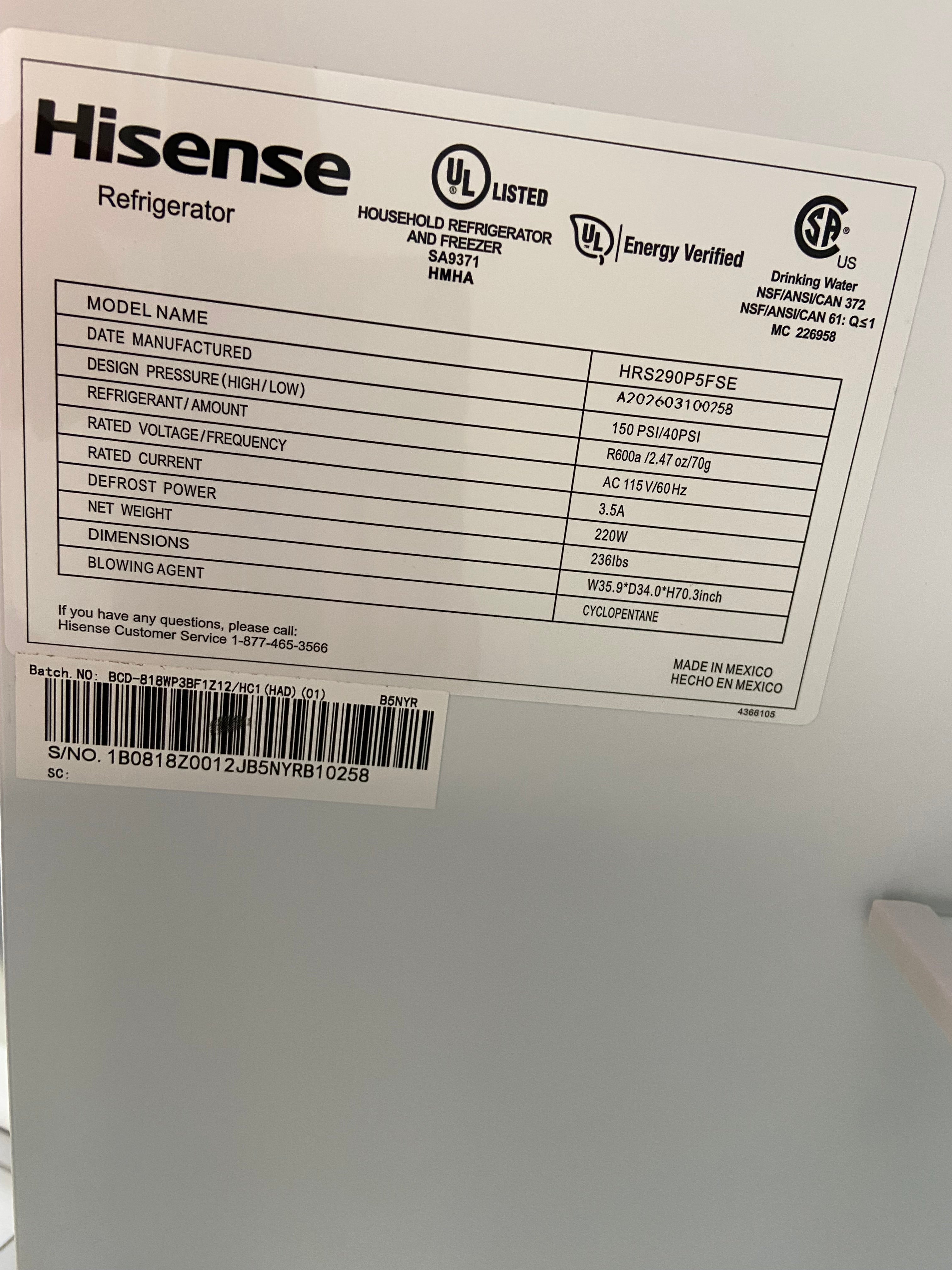 Hisense Side by Side Refrigerator