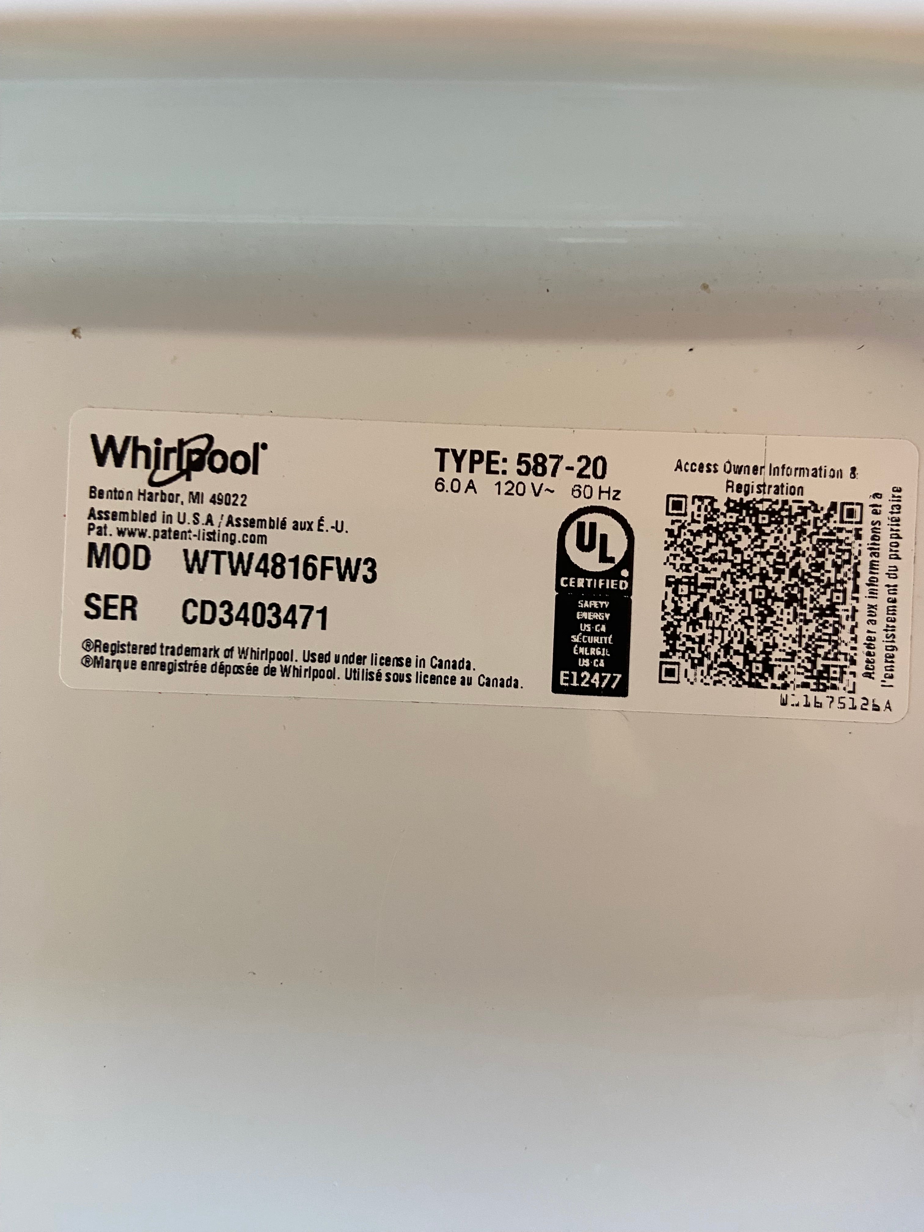 Whirlpool Grey Face Top Load Washer