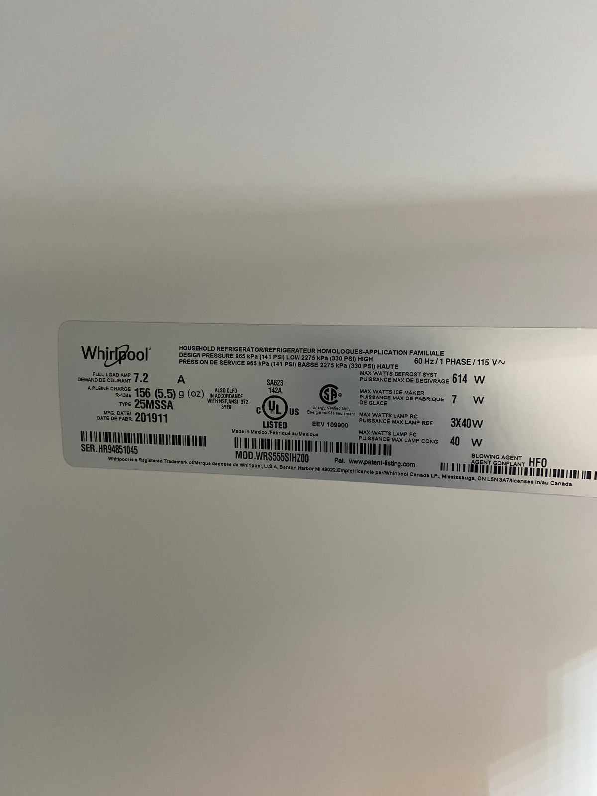 Whirlpool 36” Side by Side Refrigerator (No Ice Maker)