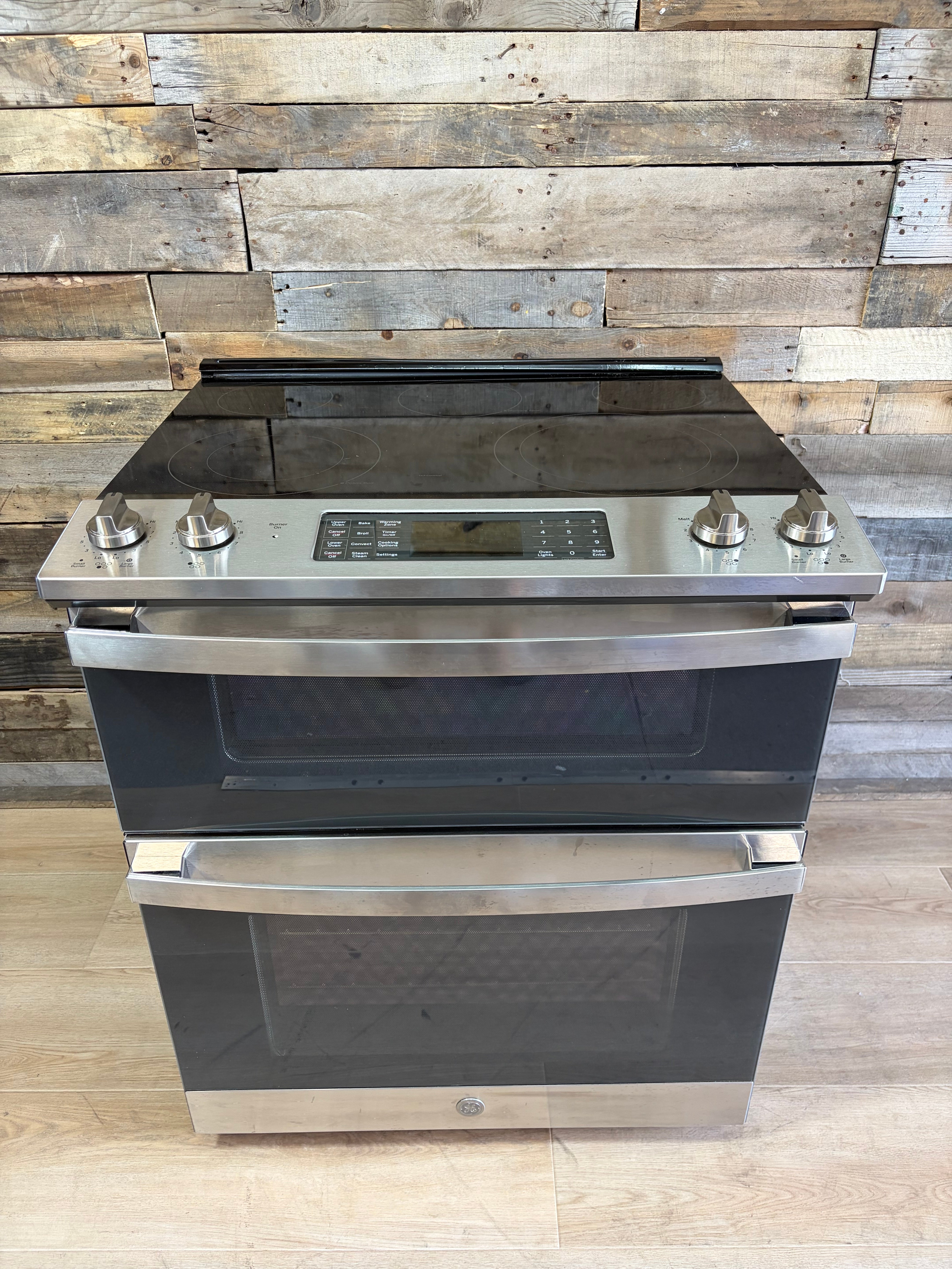 GE 30” Slide-In Electric Convection Double Oven Range (Stainless Steel)
