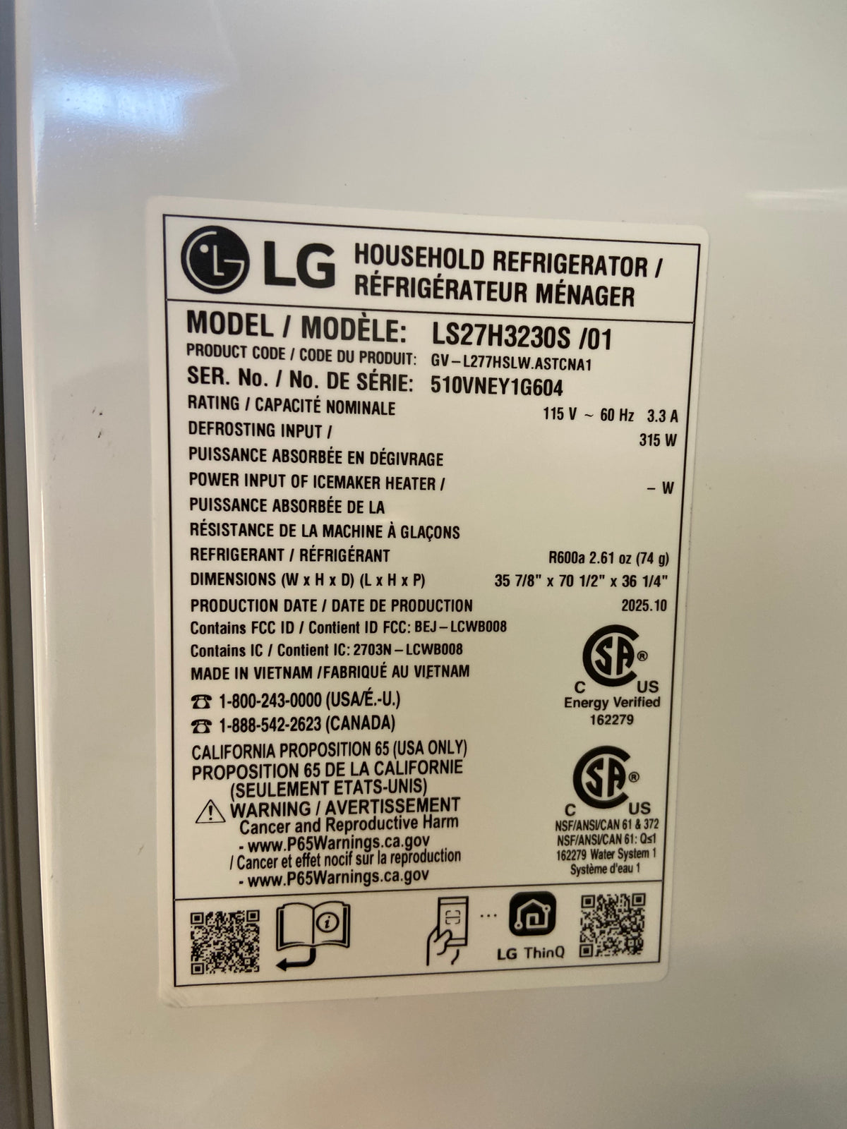 LG Stainless 36” Side by Side Refrigerator