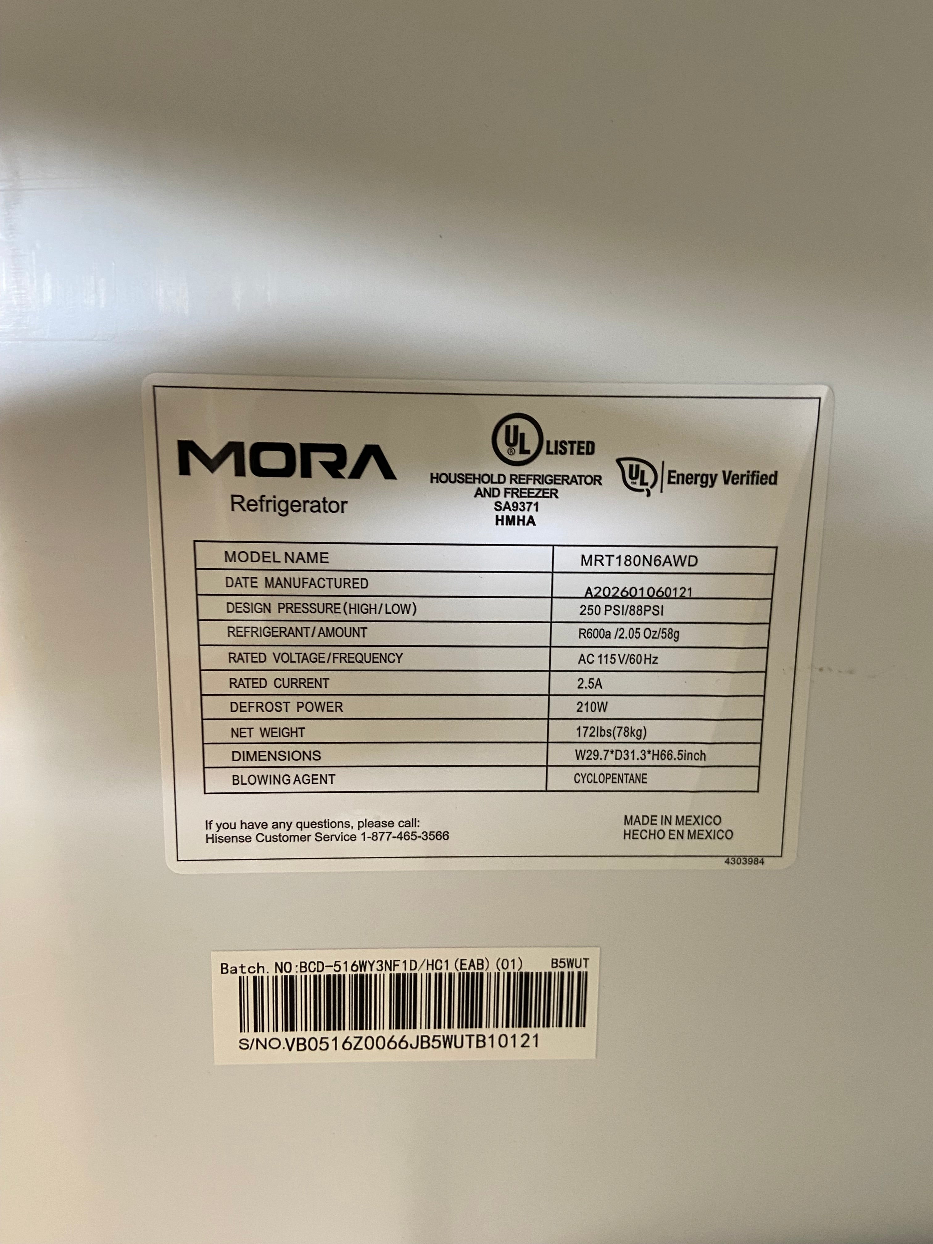 Mora 18 cu. ft. Top Freezer Refrigerator