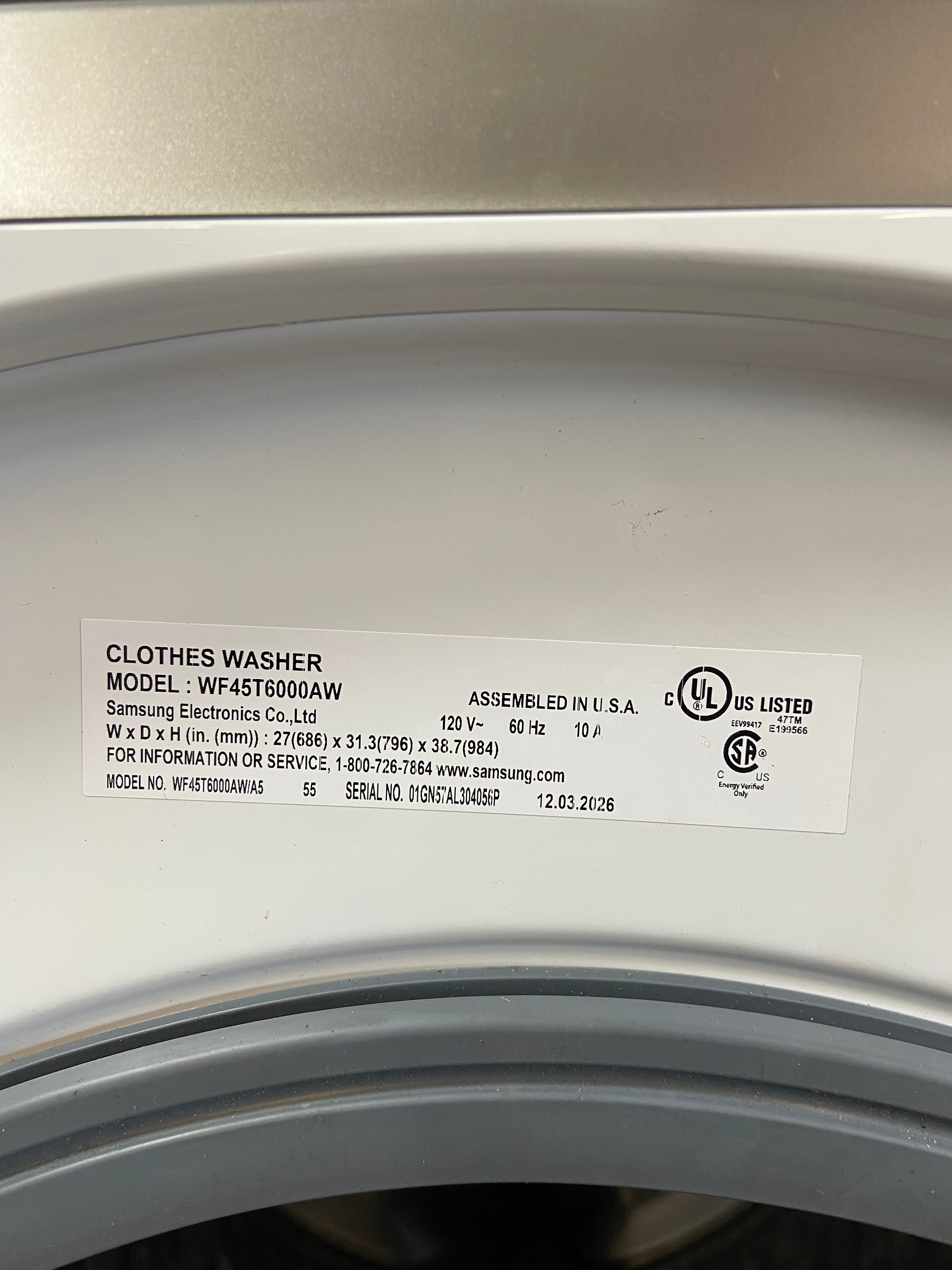 Samsung White Front Load Washer & Dryer Set – 4.5 Cu. Ft. Washer / 7.5 Cu. Ft. Dryer