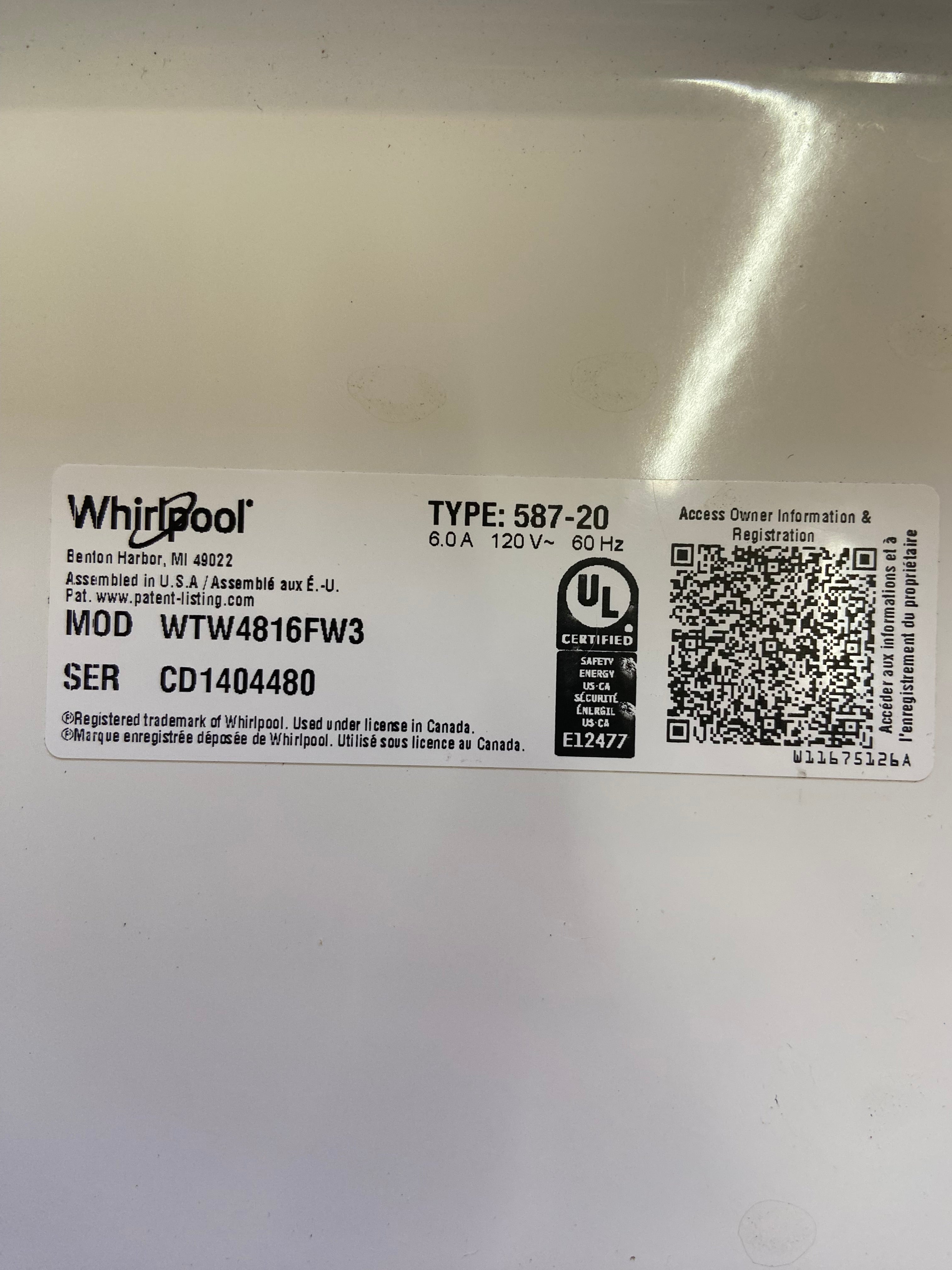 Whirlpool Grey Face Top Load Washer
