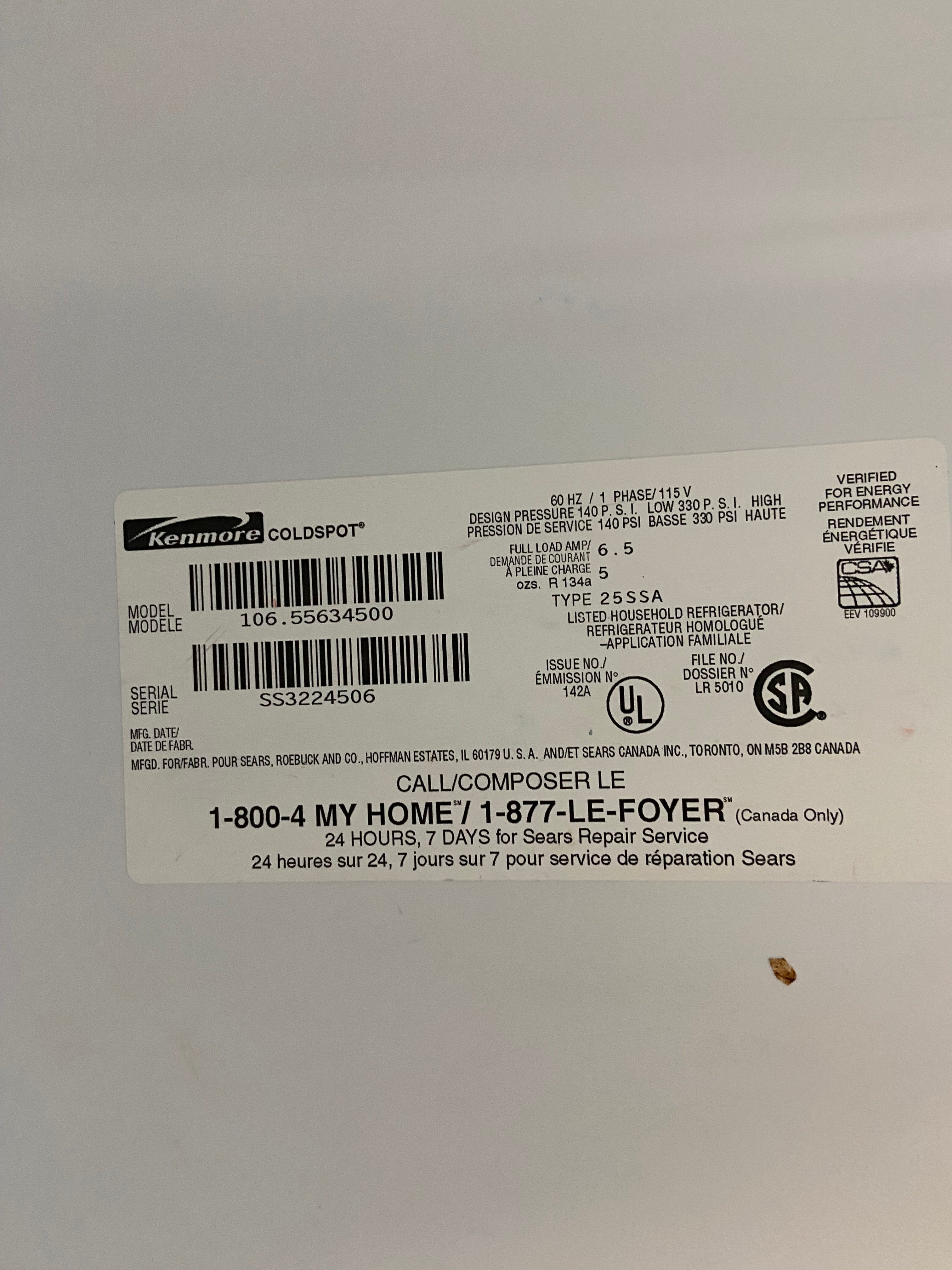 Kenmore White Side by Side Refrigerator