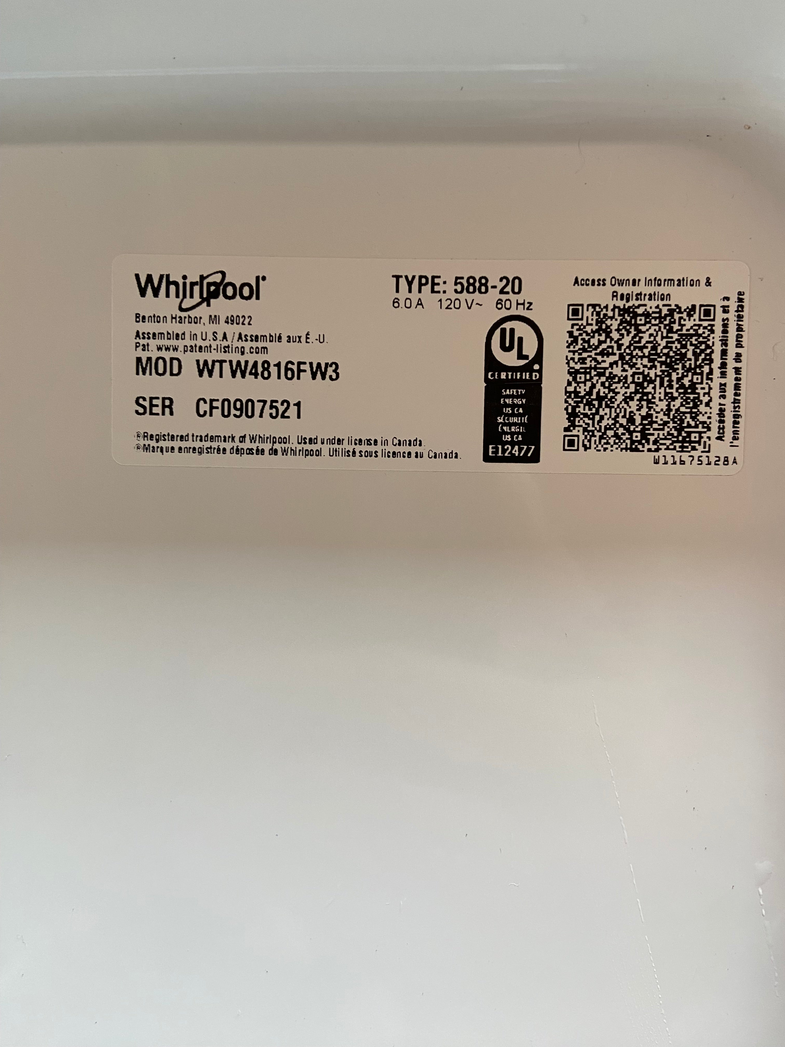 Whirlpool Grey Face Top Load Washer
