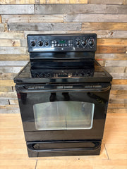 GE Black 5 Burner Glass Top Range With Warming Drawer