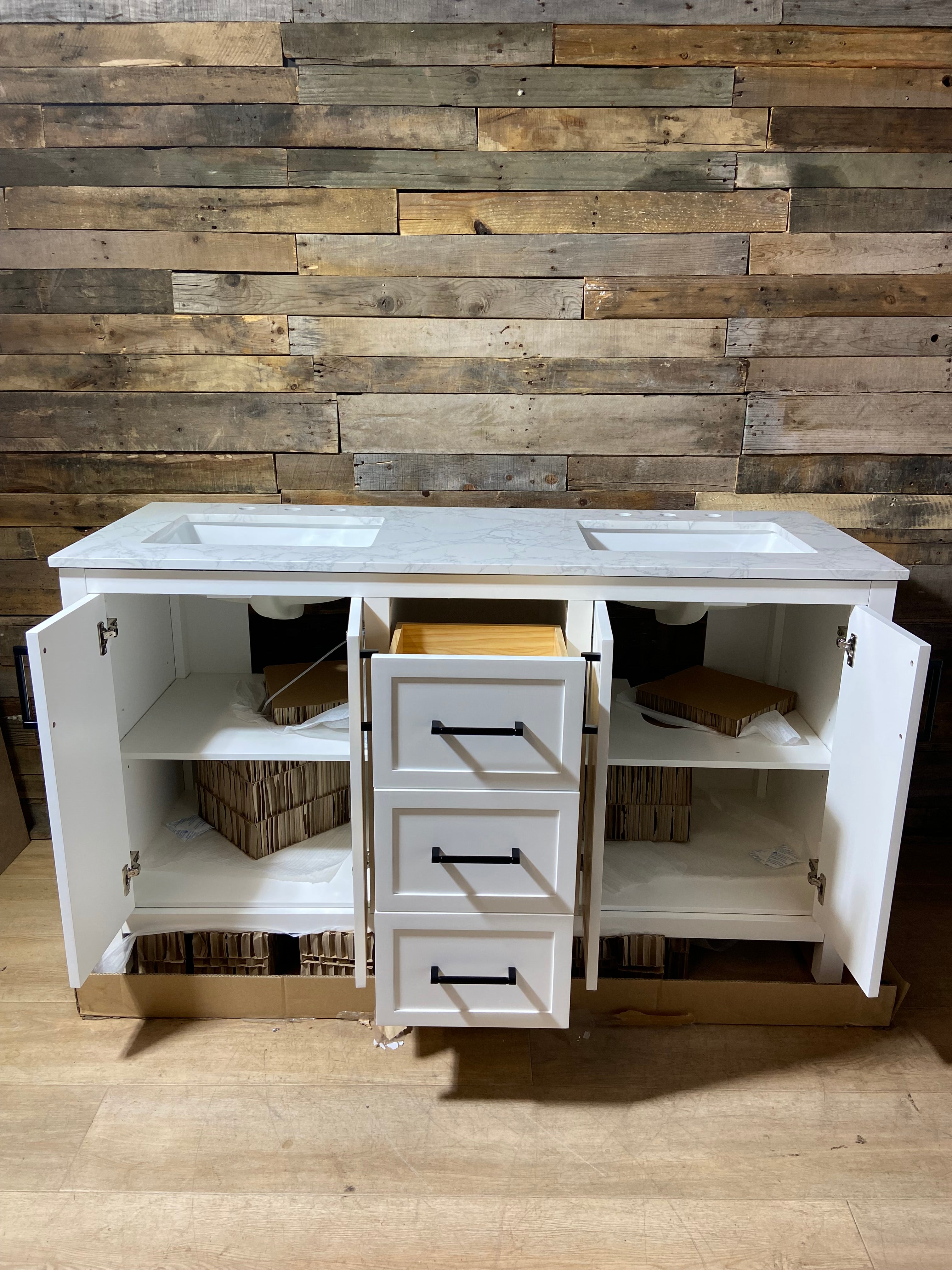 Allen +Roth Lenoir 60-in White Undermount Double Sink Bathroom Vanity with White Engineered Marble Top