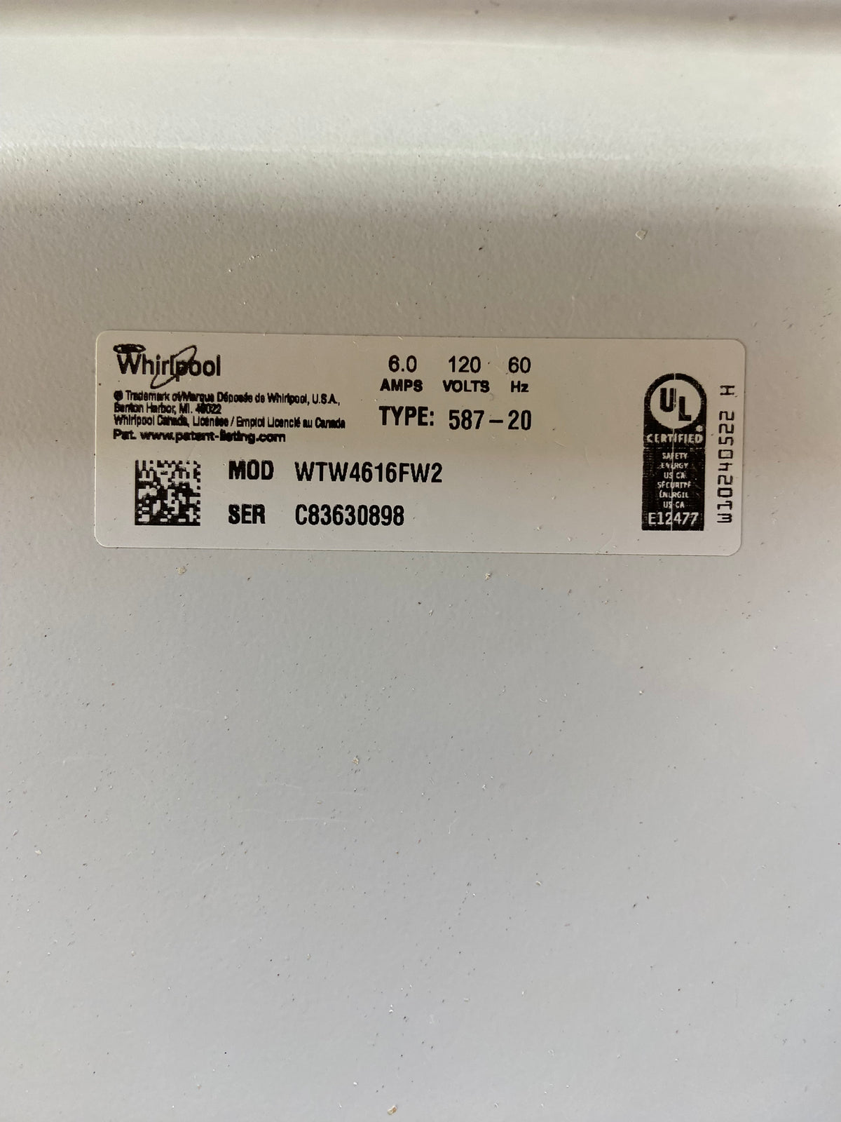 Whirlpool Top Load White Panel Washer