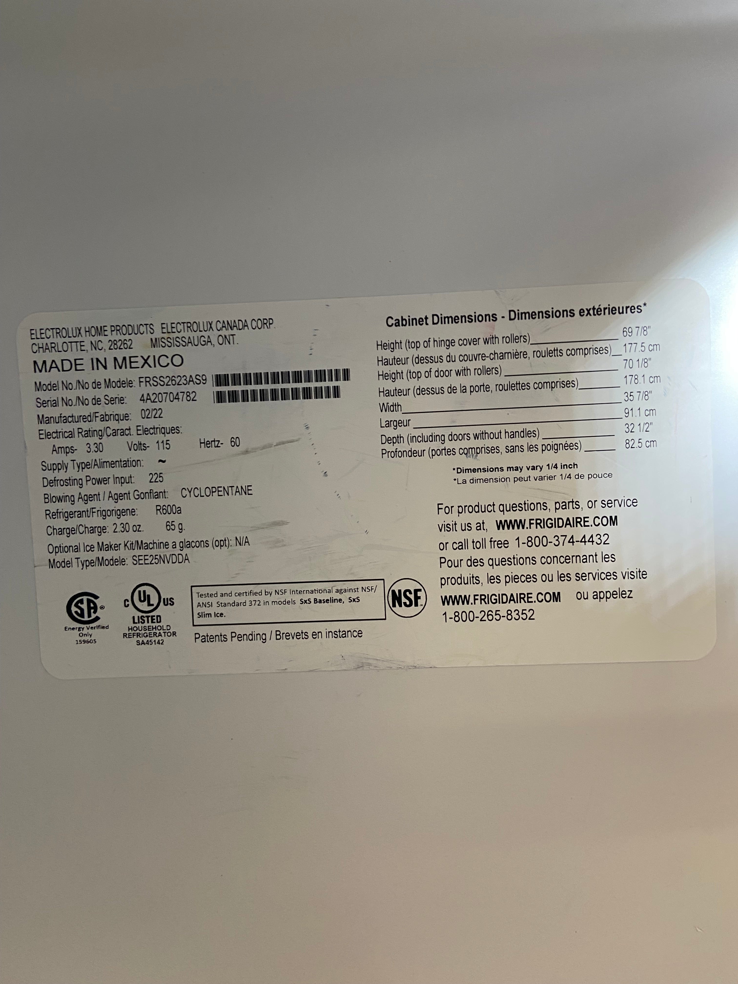 Frigidaire Side by Side Refrigerator