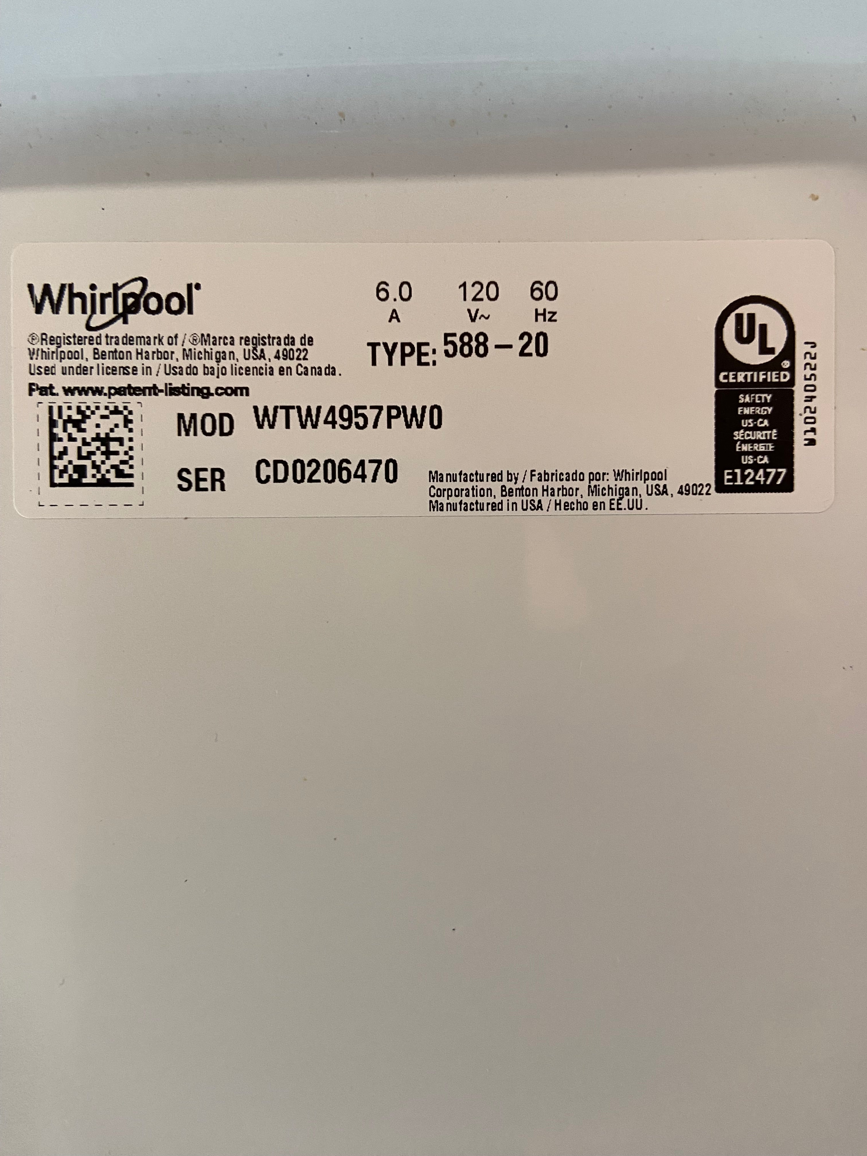 Whirlpool 2in1 Removable Agitator Washer