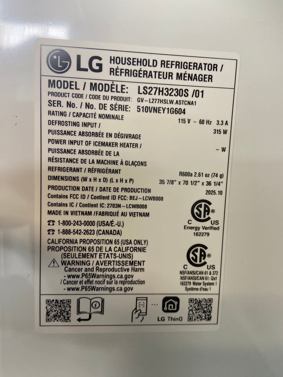 LG Side By Side 26.6-cu ft Standard-Depth 36-in Wide Side-by-Side Refrigerator Smart Compatible with Ice Maker