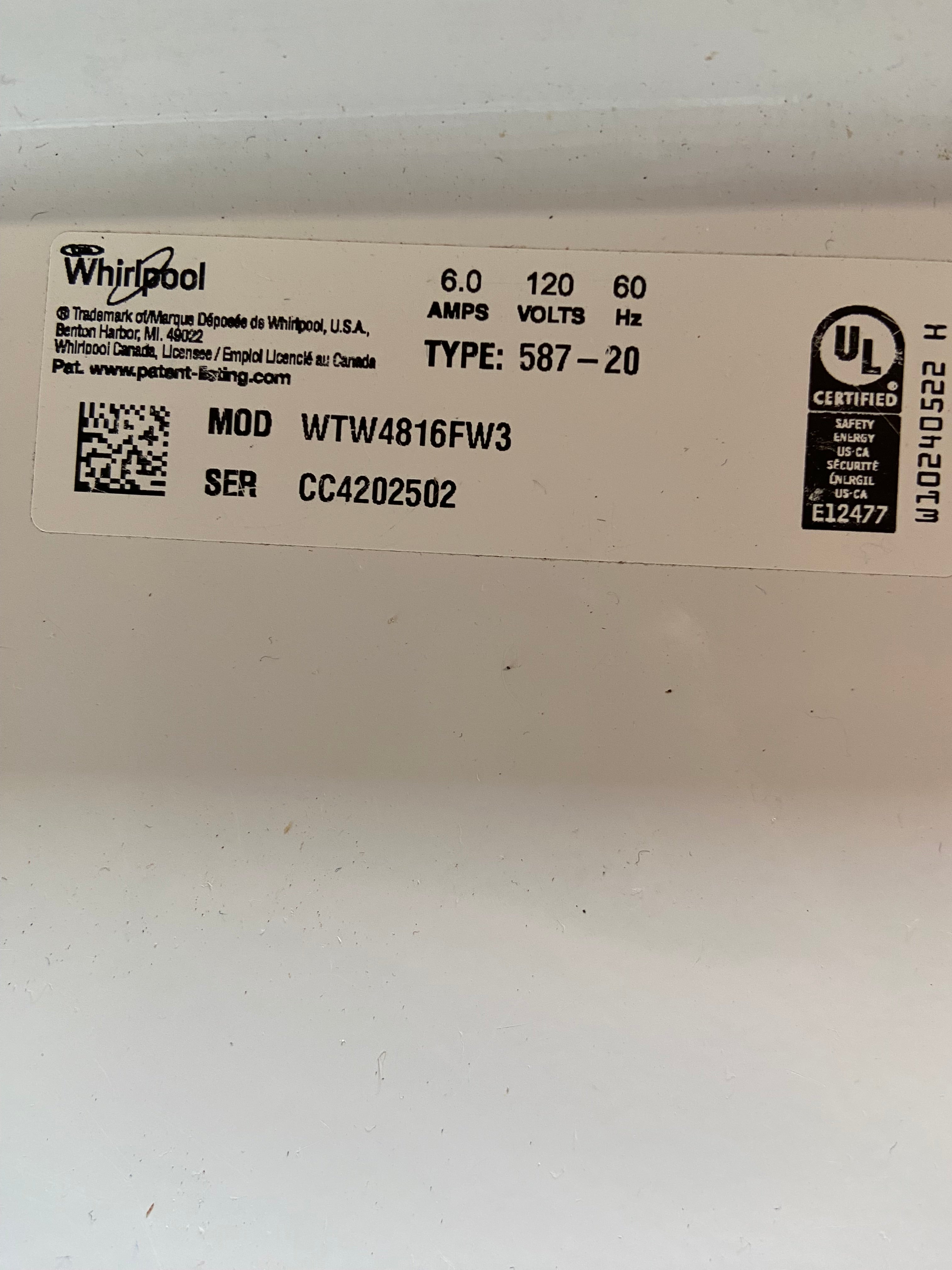 Whirlpool Grey Face Top Load Washer