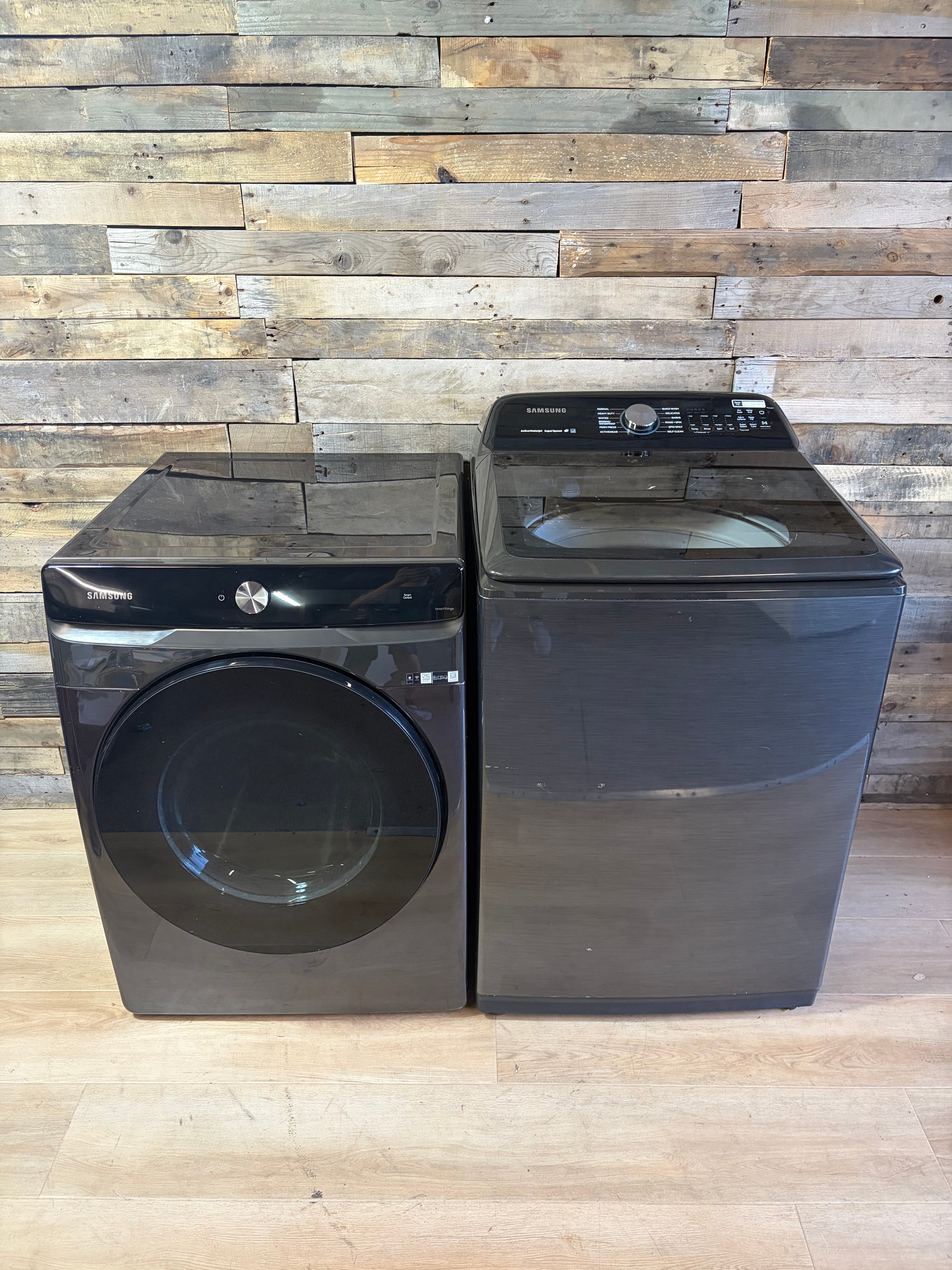 Black Samsung 5.0 Cu Ft Washer and Smart Dryer