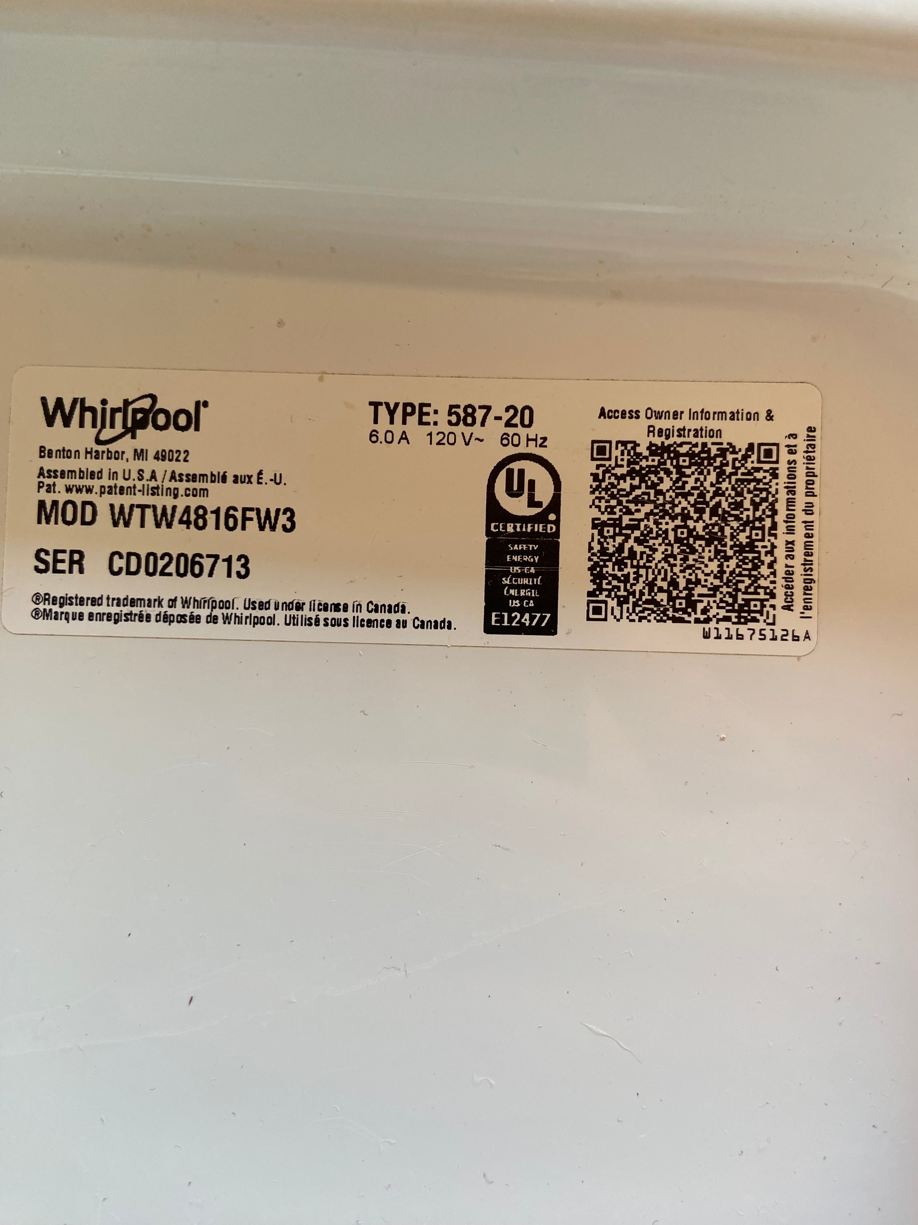Whirlpool Grey Face Top Load Washer