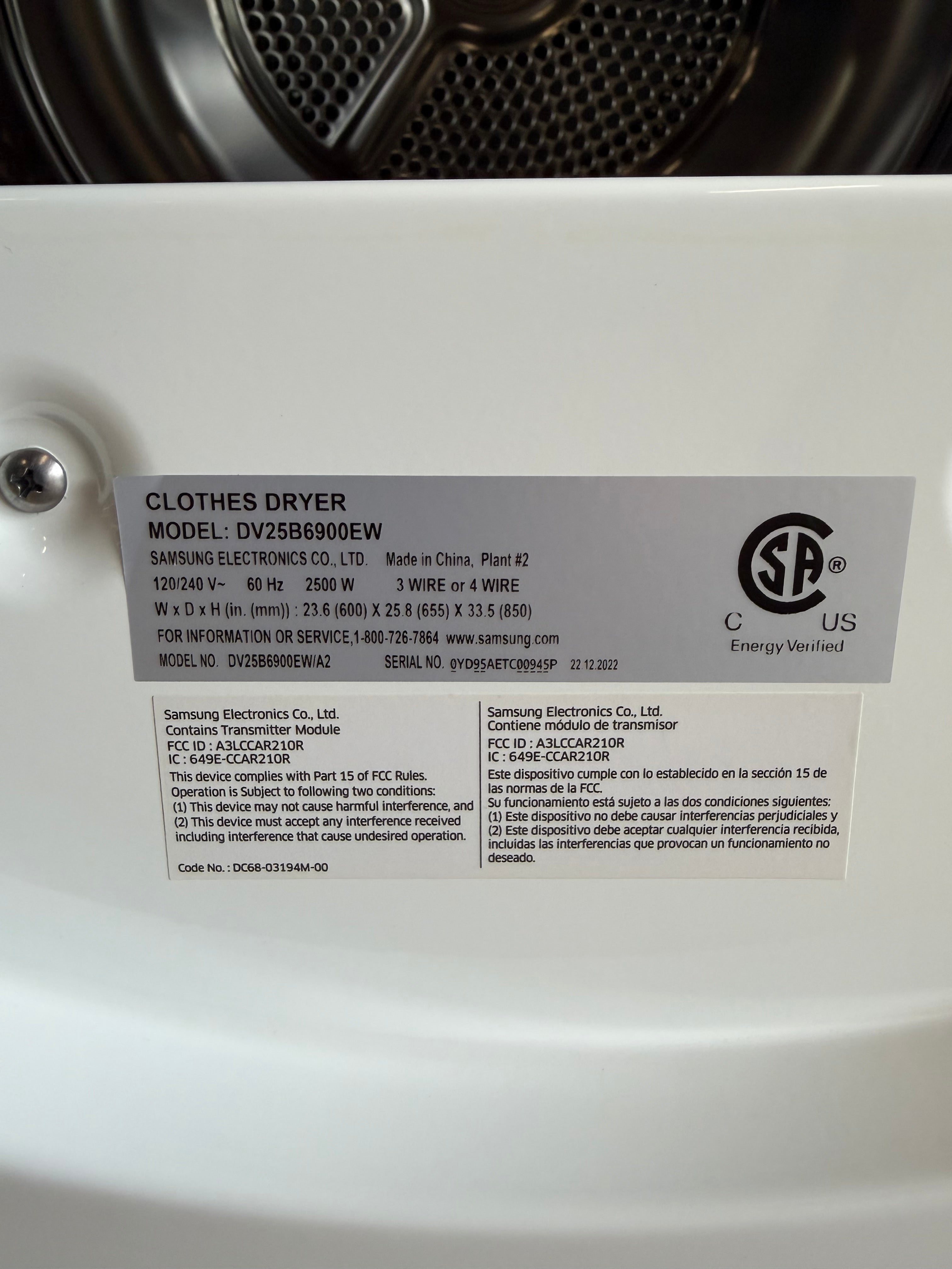 Samsung 4.0 Cu. Ft. Smart Front Load Electric Dryer