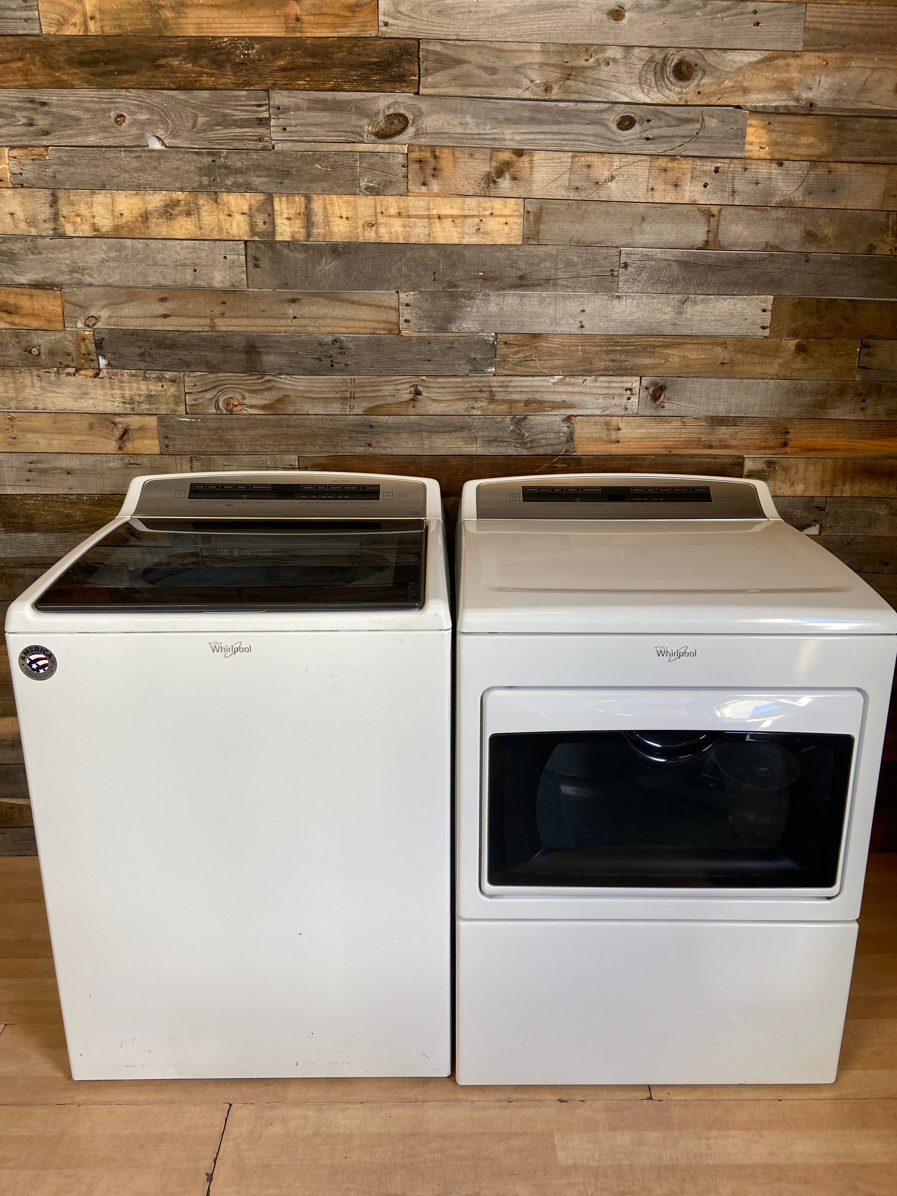 Whirlpool Silver Face Glass Top Washer Dryer Set