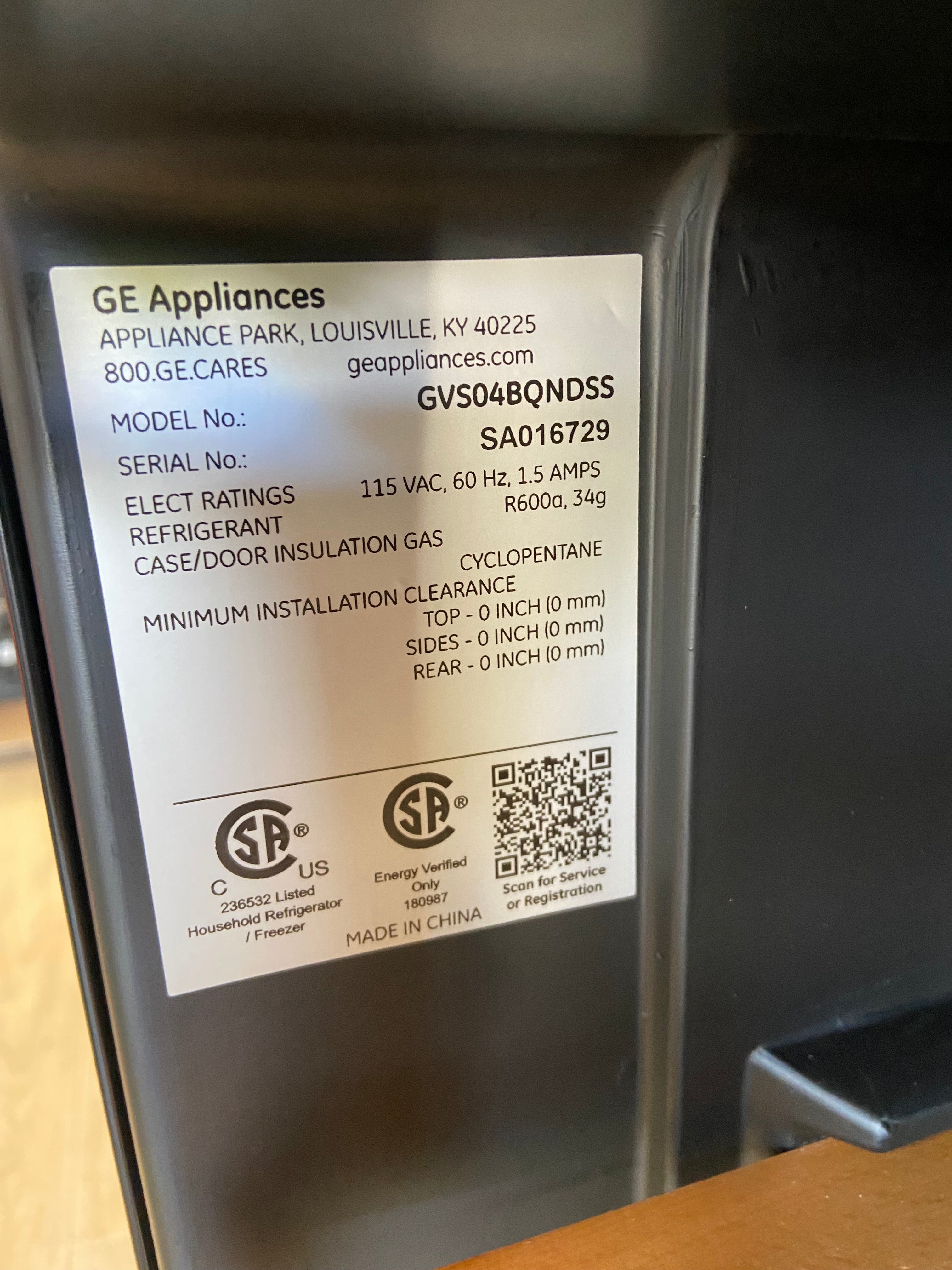 GE Wine Center and Beverage Center Model #:GVS04BQNSS