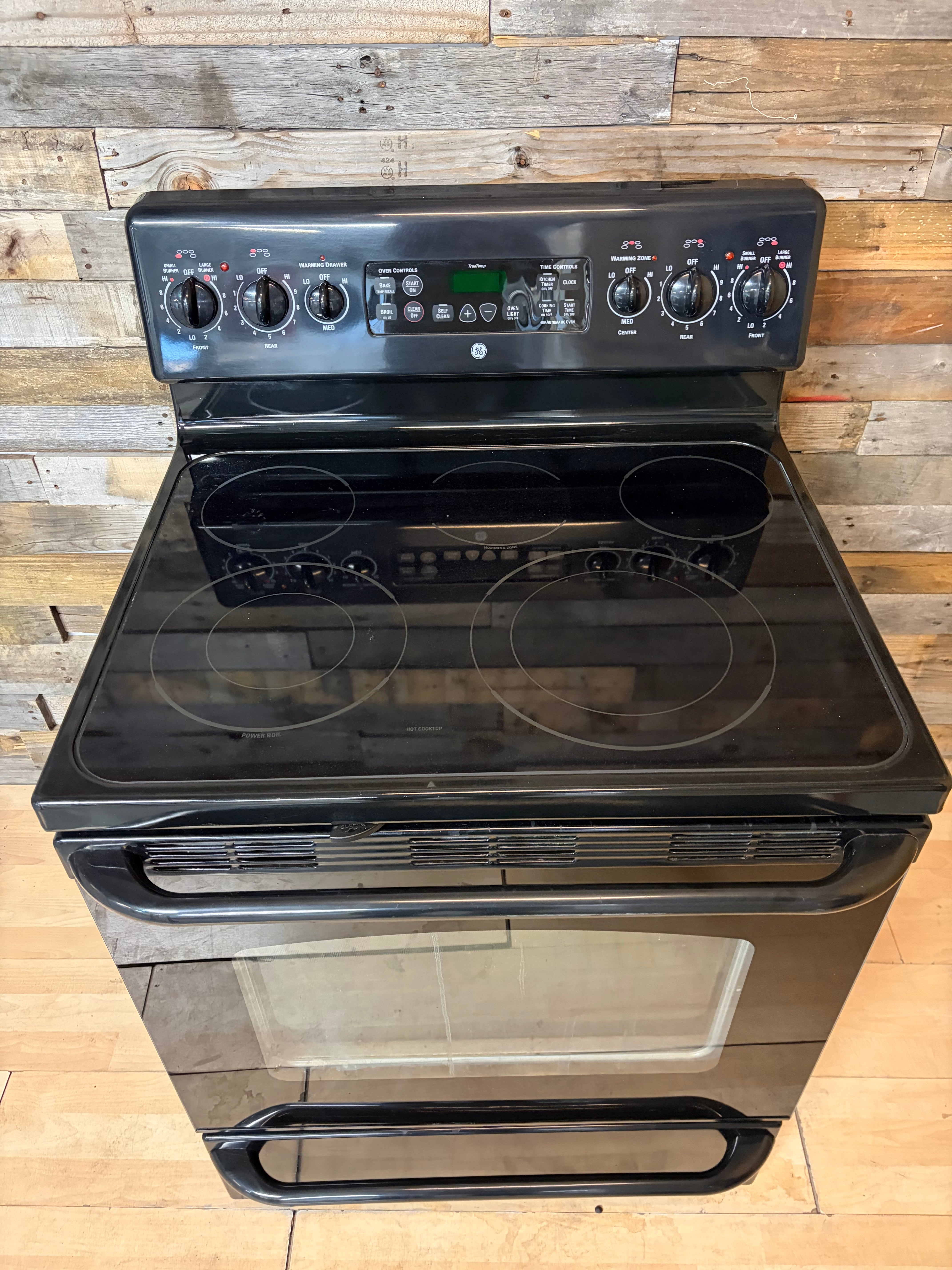 GE Black 5 Burner Glass Top Range With Warming Drawer