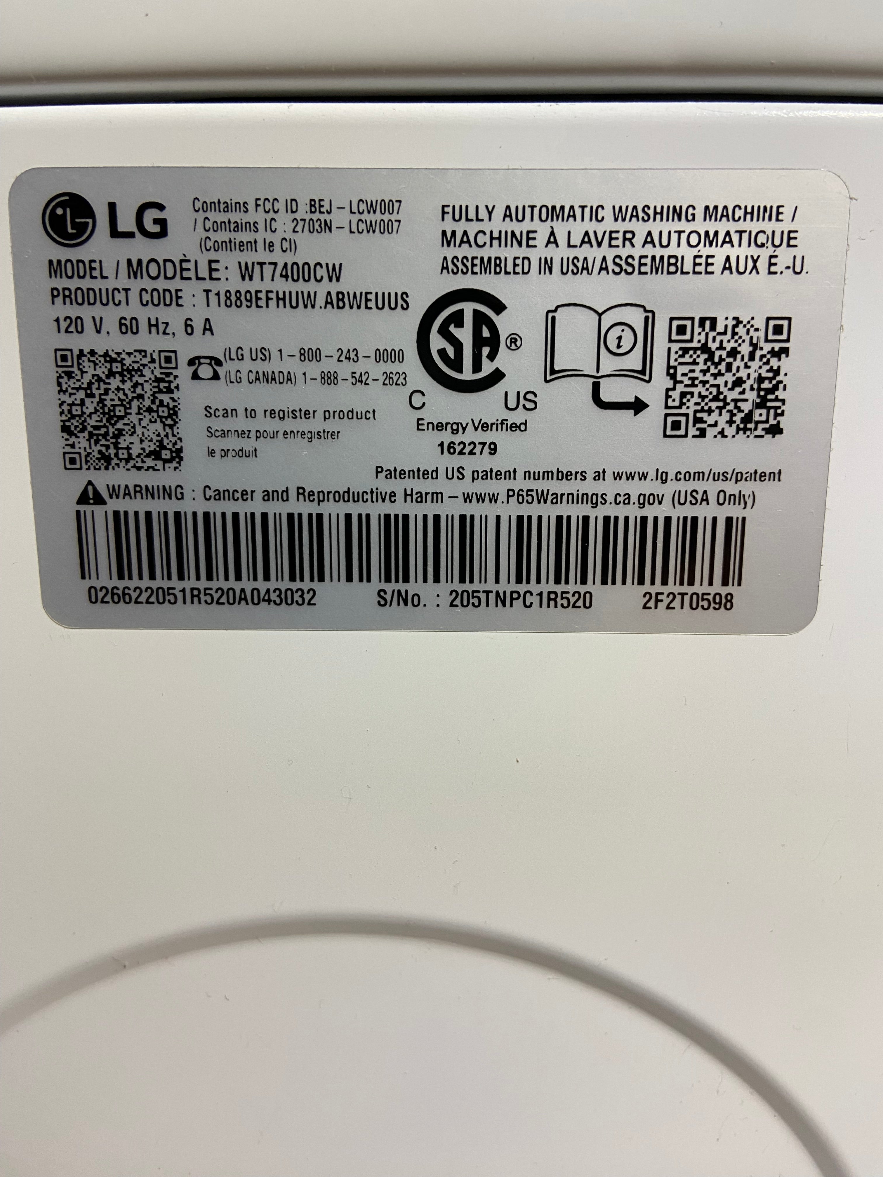 LG Top Load Extra Large Capcity Washer