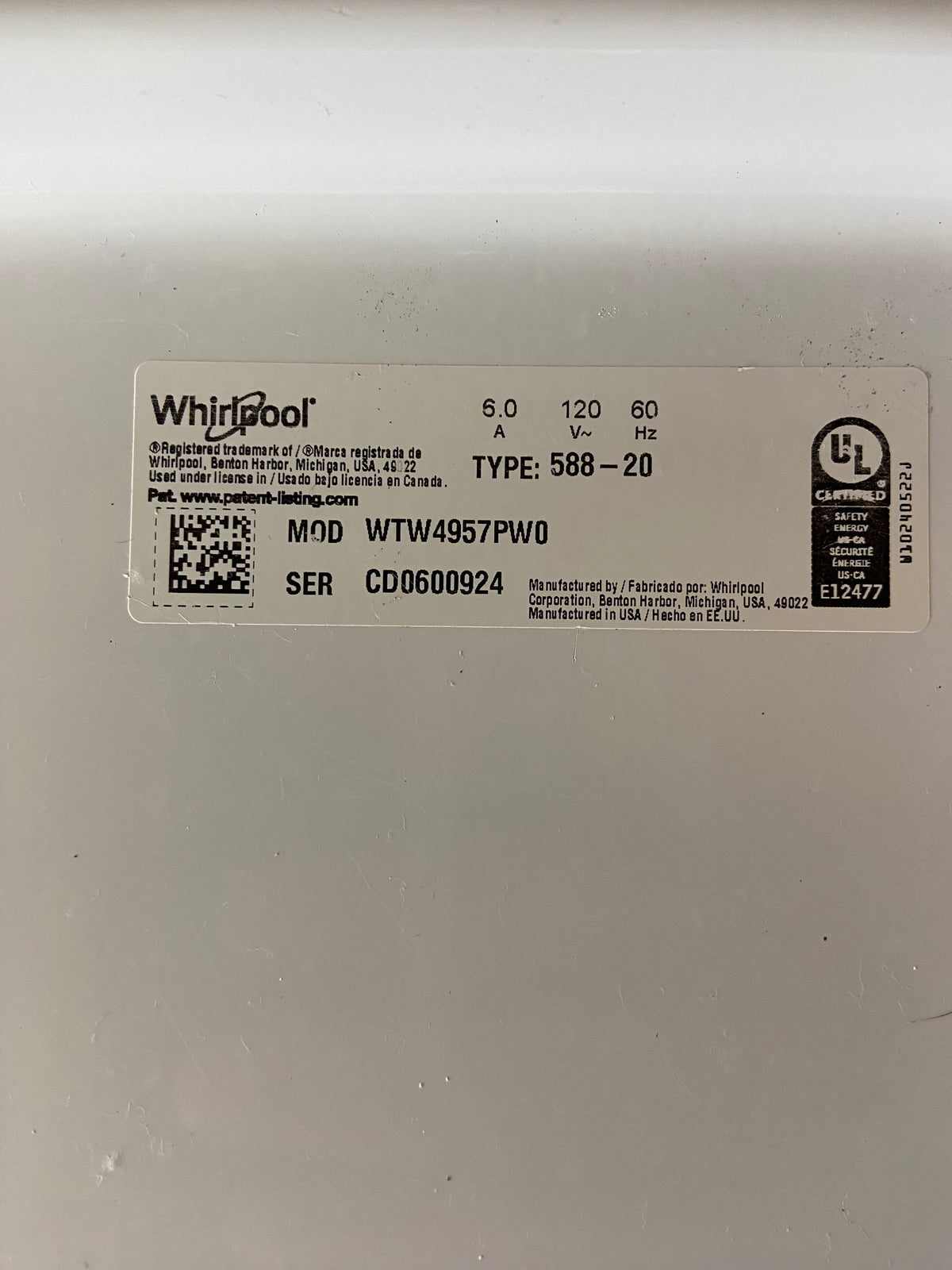 Whirlpool Large Capacity 2in1 Removable Agitator Top Load Washer