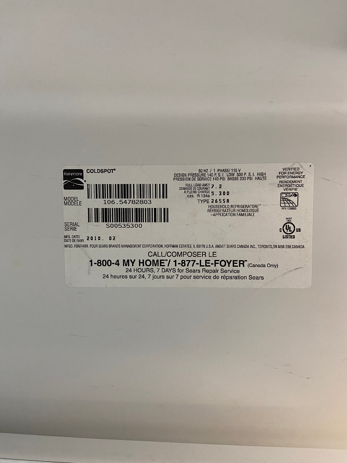 Kenmore Elite 36” Side by side Refrigerator No Ice Maker