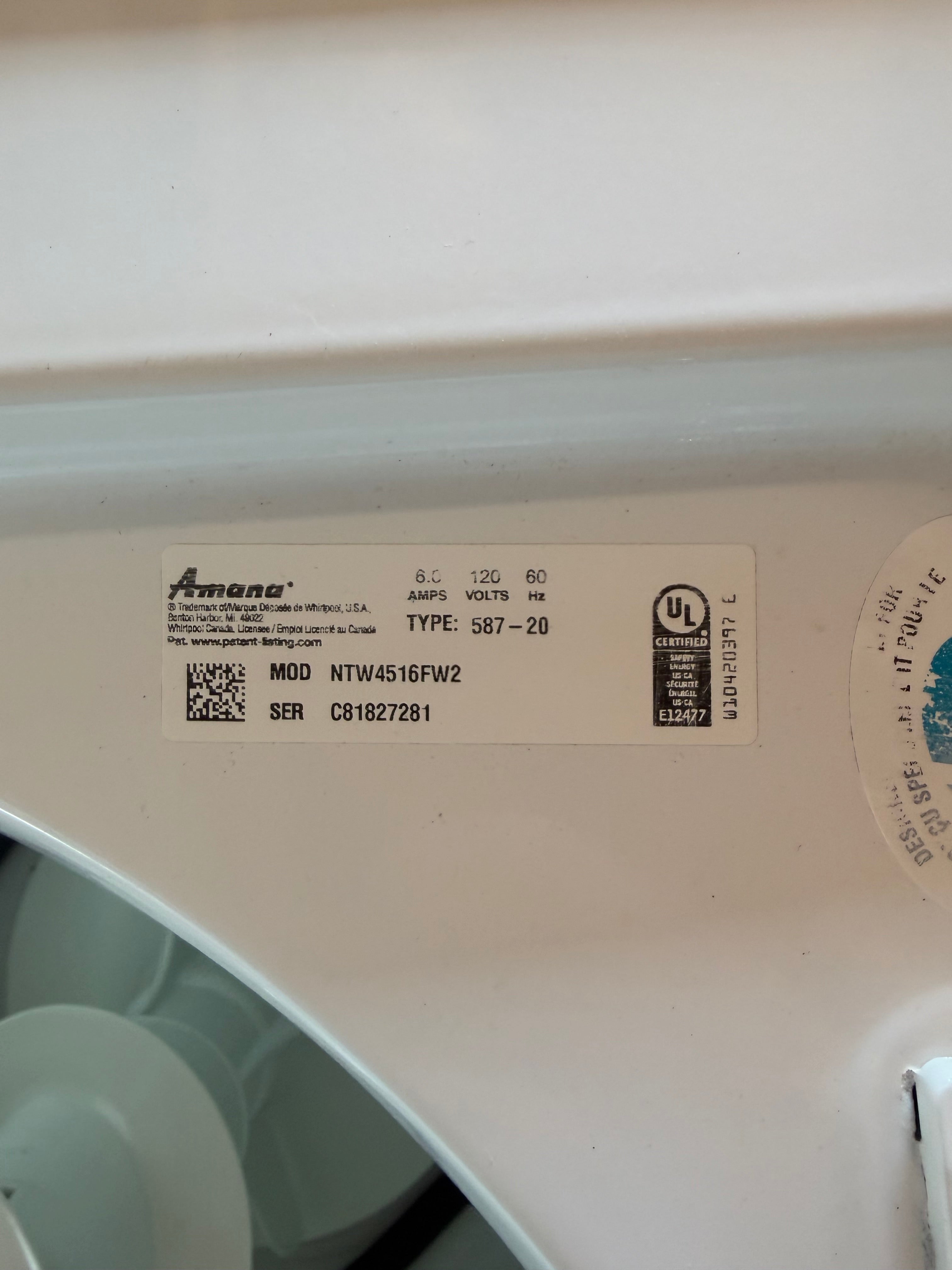 Amana White Top Load Washer