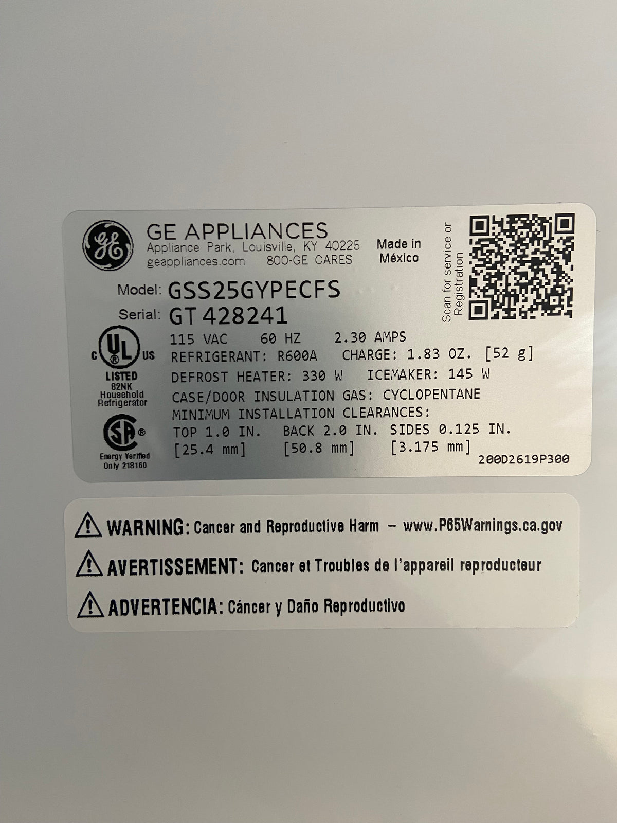 GE Side By Side 36” Refrigerator