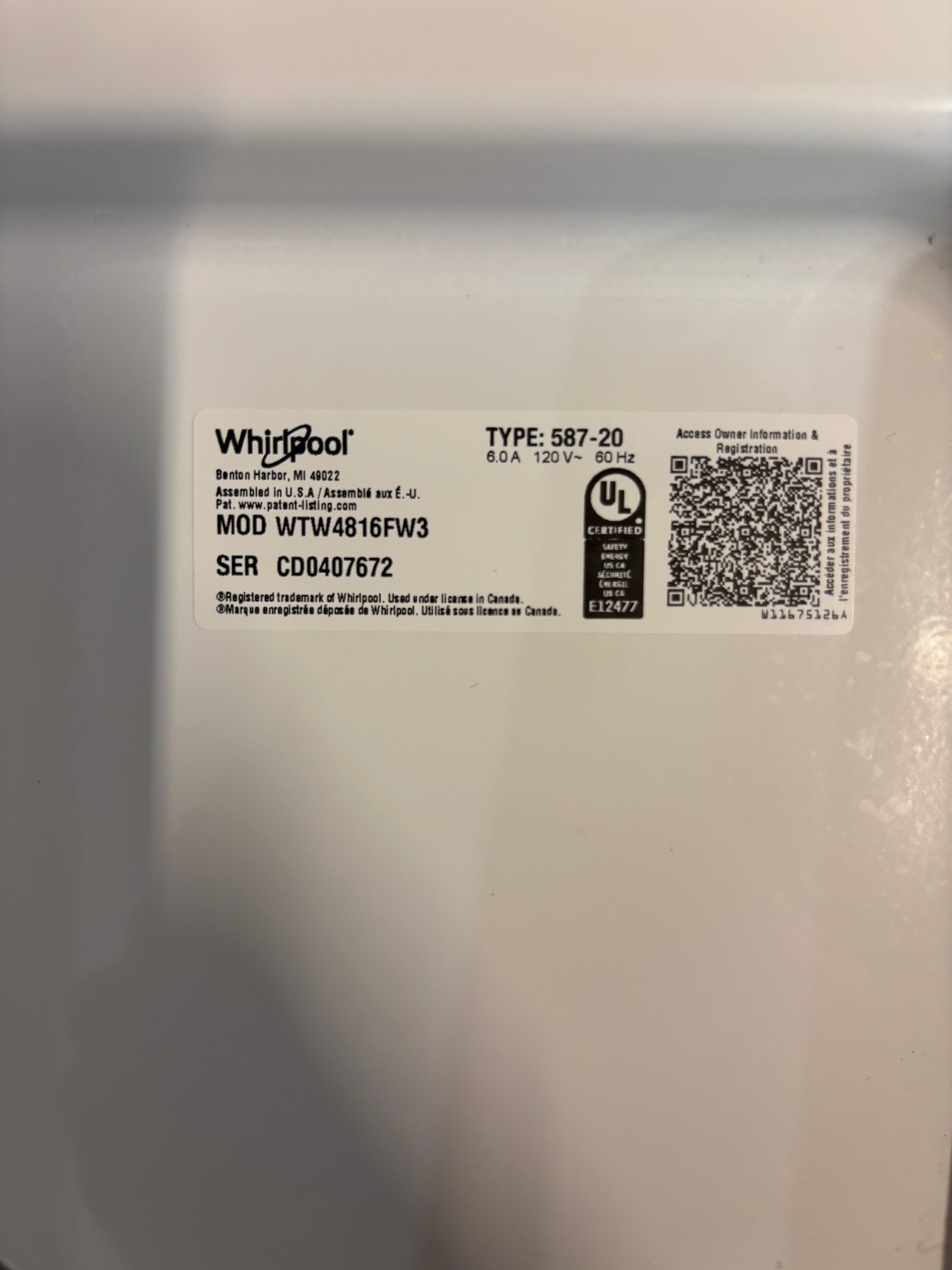 Whirlpool Grey Face Top Load Washer