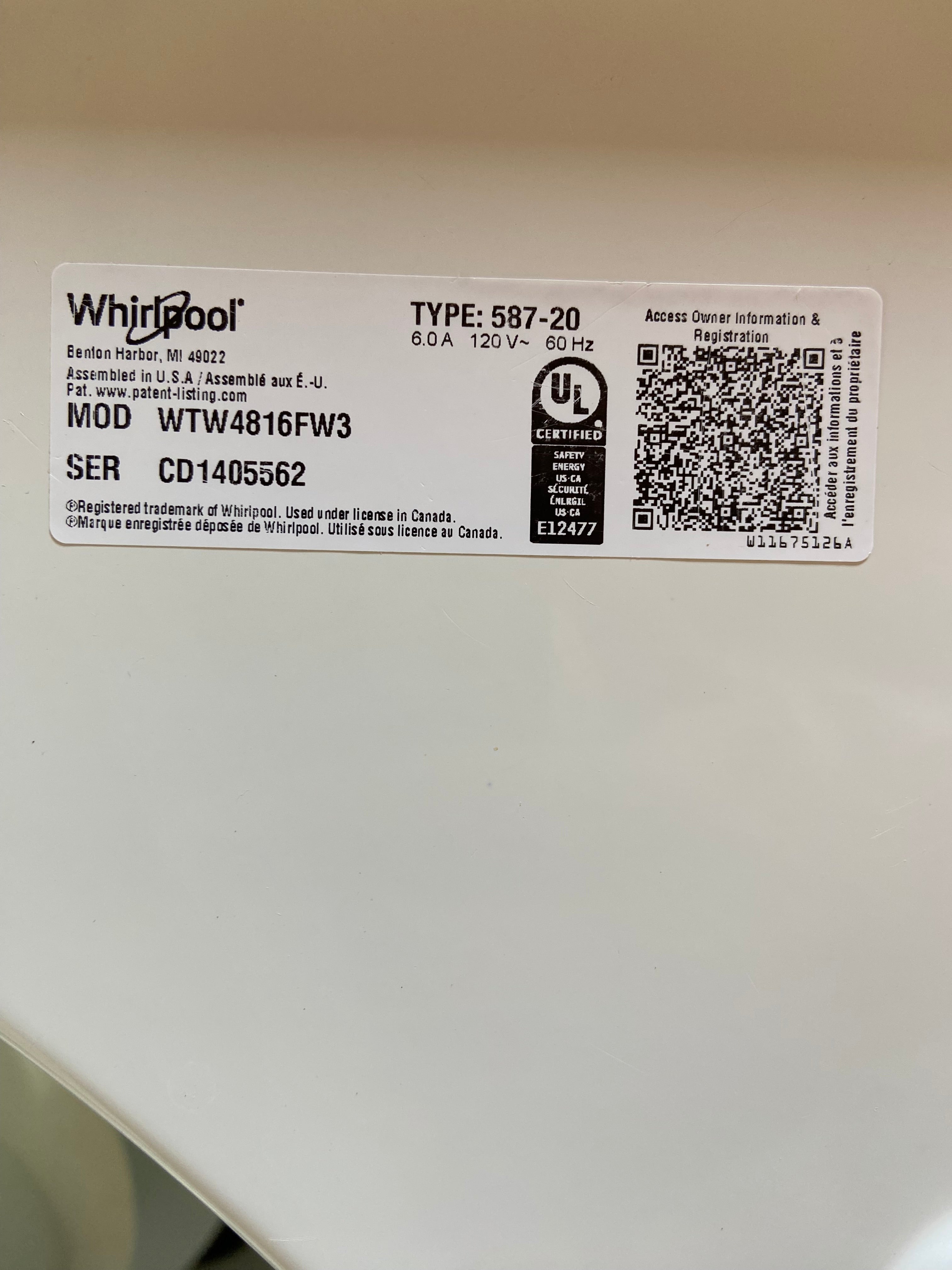 Whirlpool Grey Face Top Load Washer
