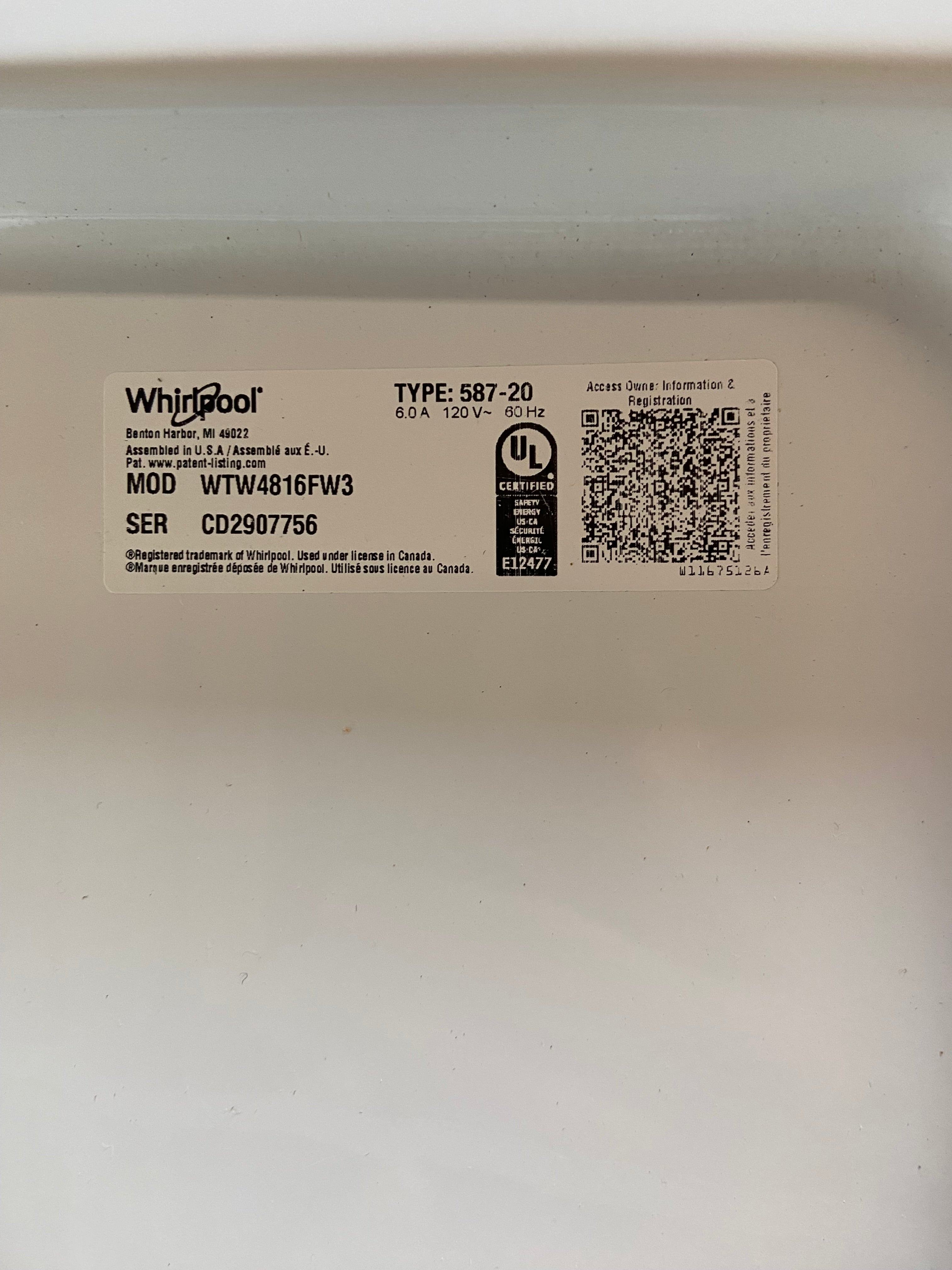 Whirlpool Grey Face Top Load Washer