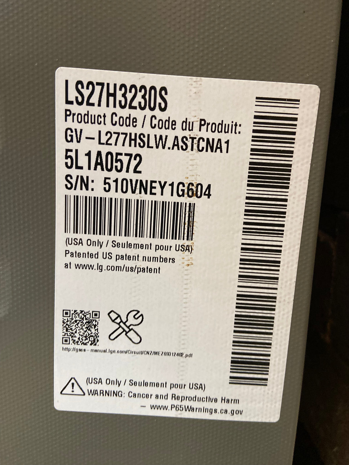 LG Stainless 36” Side by Side Refrigerator