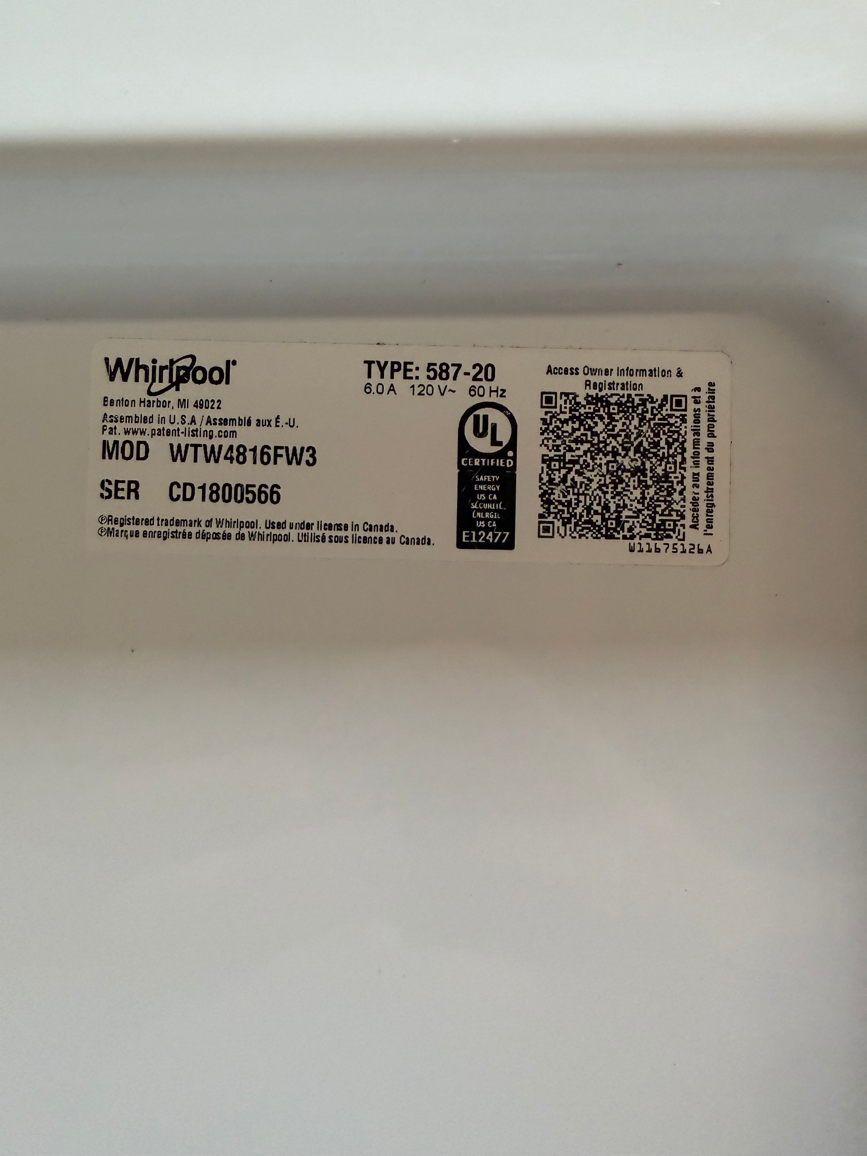 Whirlpool Grey Face Top Load Washer