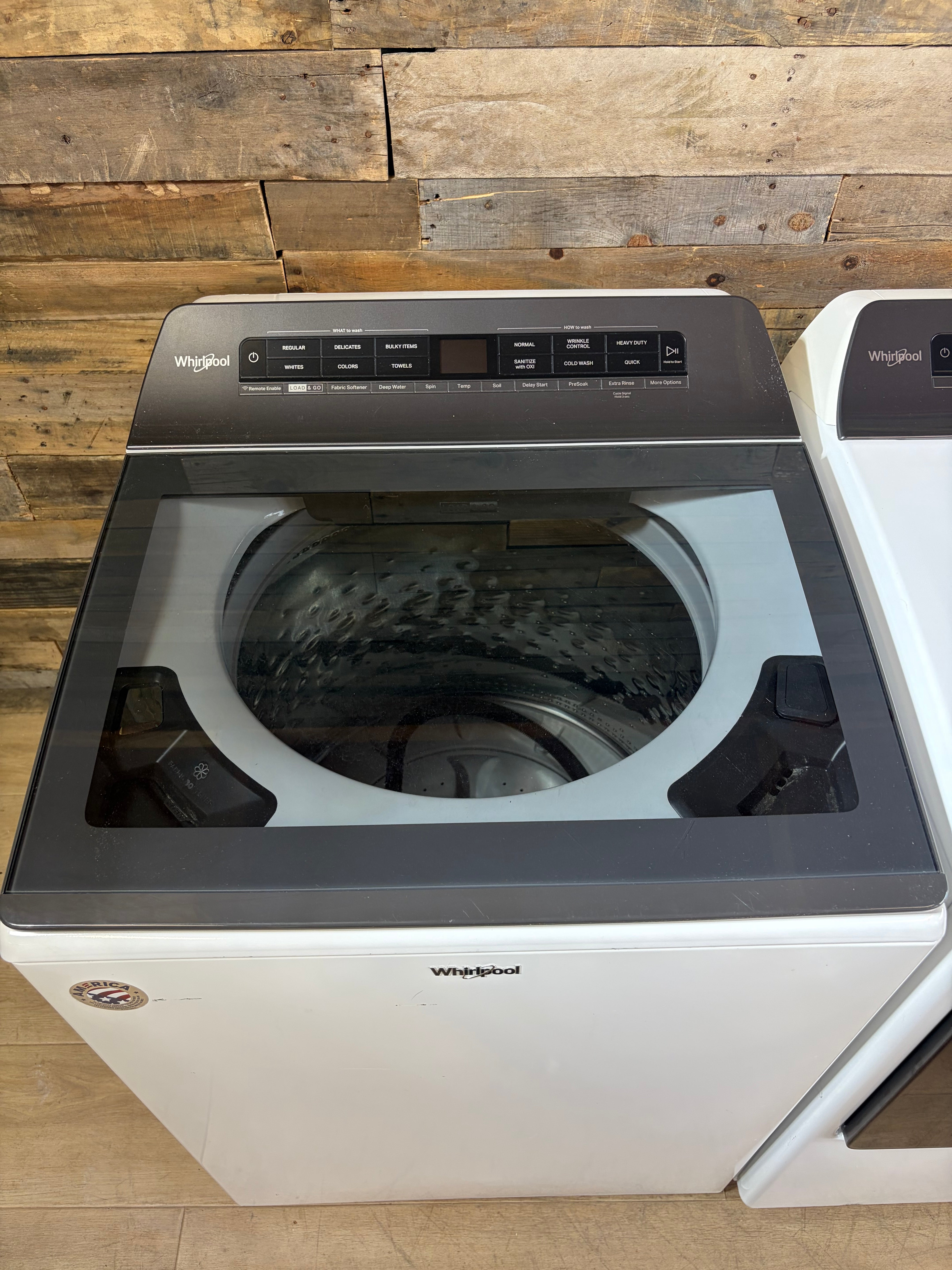 Whirlpool Top Load Glass Lid Washer Dryer Set (Load and Go Dispenser)