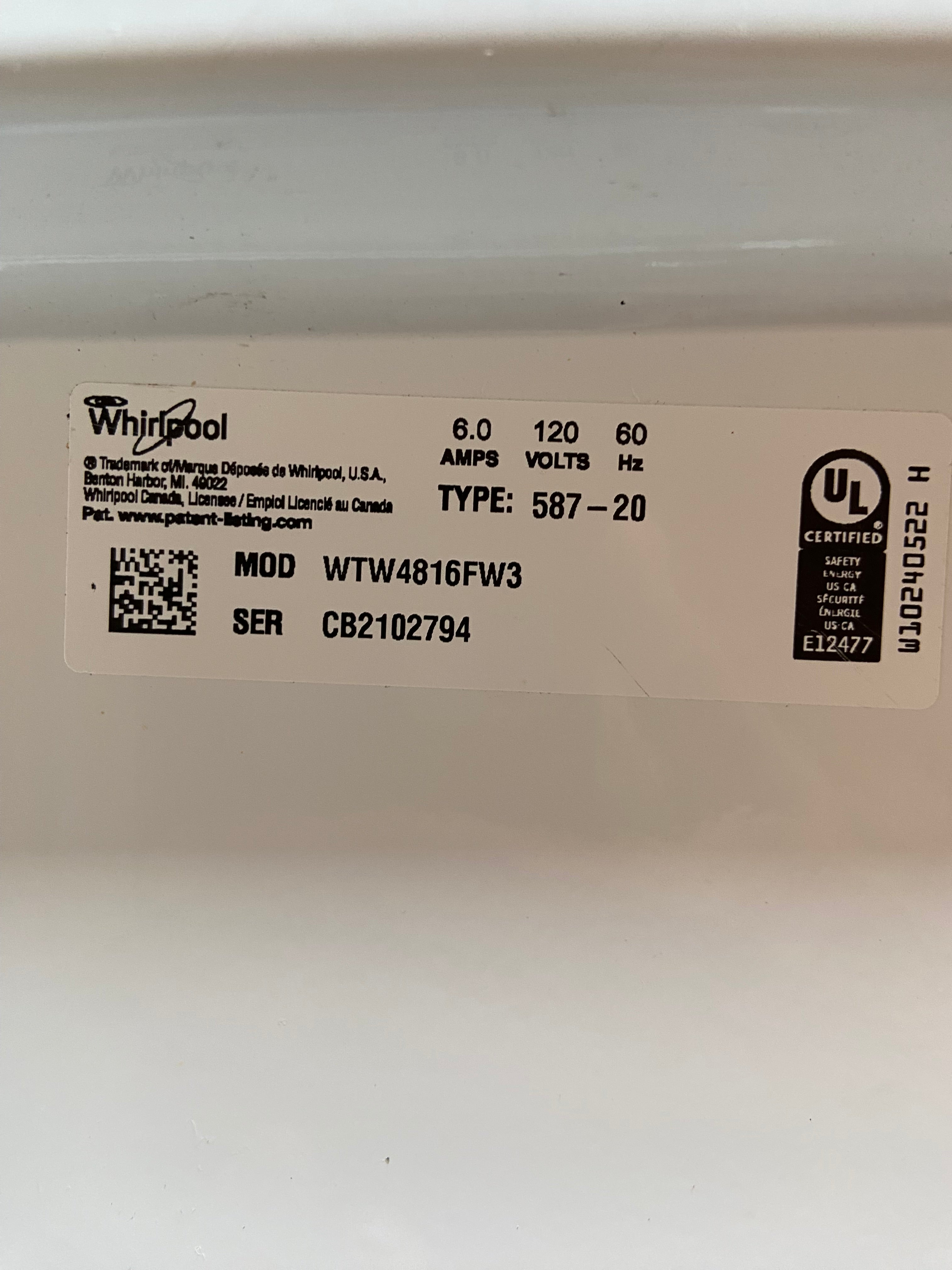 Whirlpool Grey Face Top Load Washer