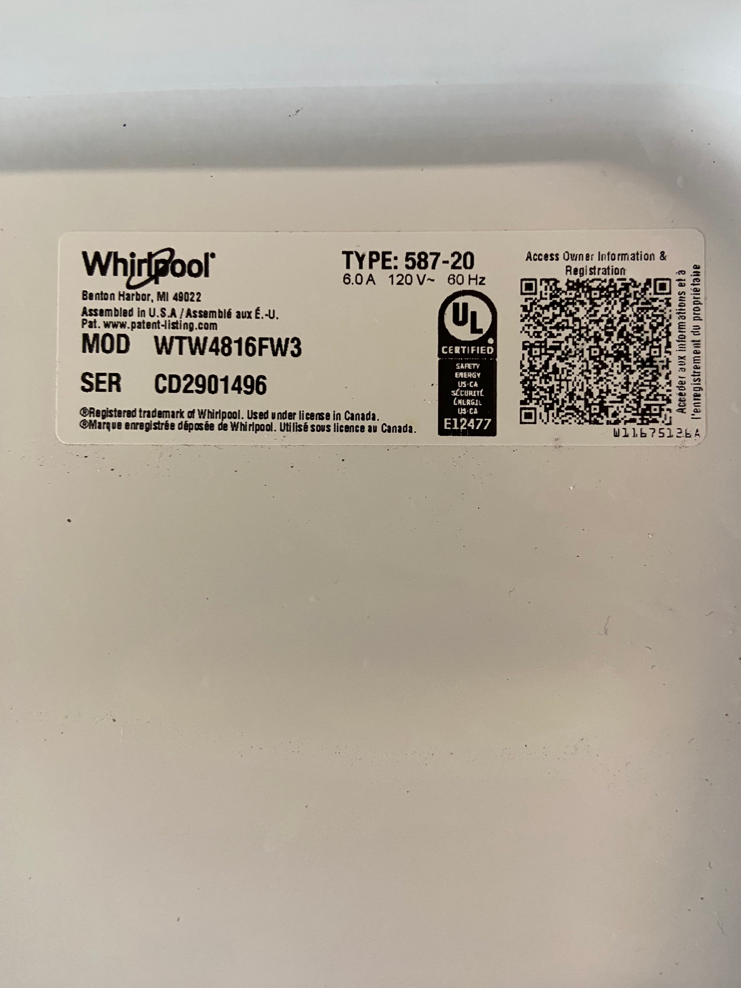 Whirlpool Grey Face Top Load Washer